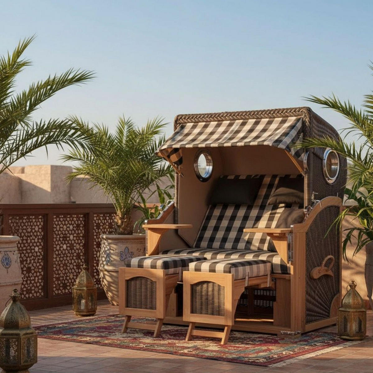 STRANDKORB Düne 2 Sitzer Teak PE Grey - Braun/Grau, Holz/Metall (125/170/80cm) - Mr. Deko