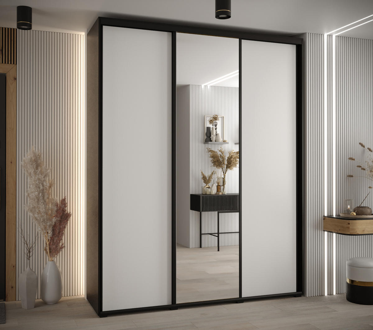 SCHWEBETÜRENSCHRANK 235,2/190/60 3-türig - Schwarz/Weiß, Holz/Metall (190/235/60cm) - Abiks Möbel