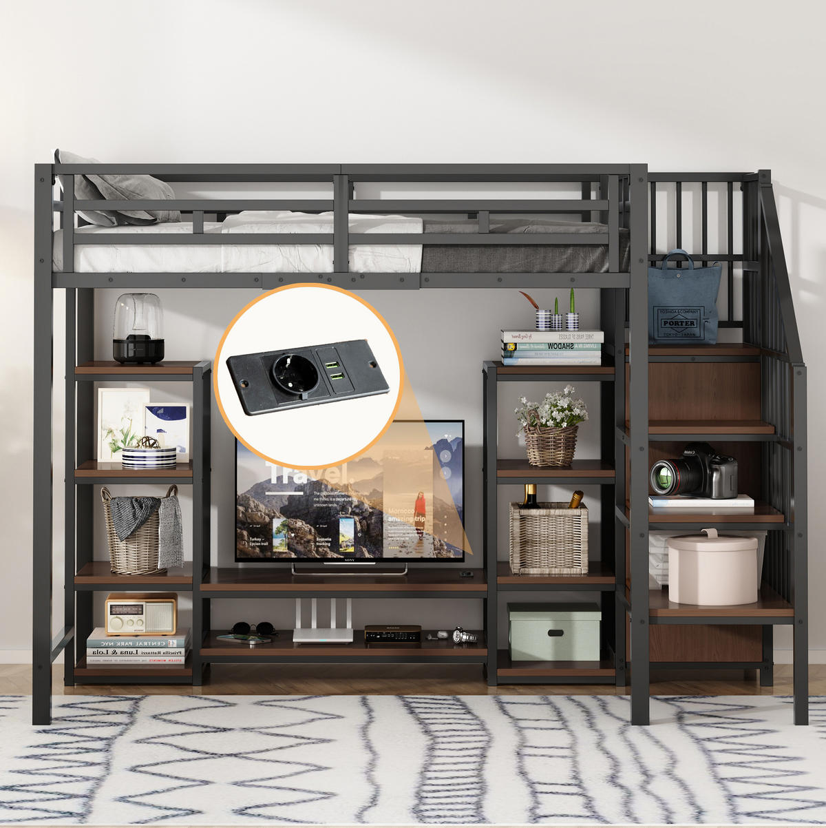 HOCHBETT 90/200 cm aus Metall und MDF mit TV-Ständer und Steckdose Schwarz - Schwarz, Metall (90/200cm) - Modenvie