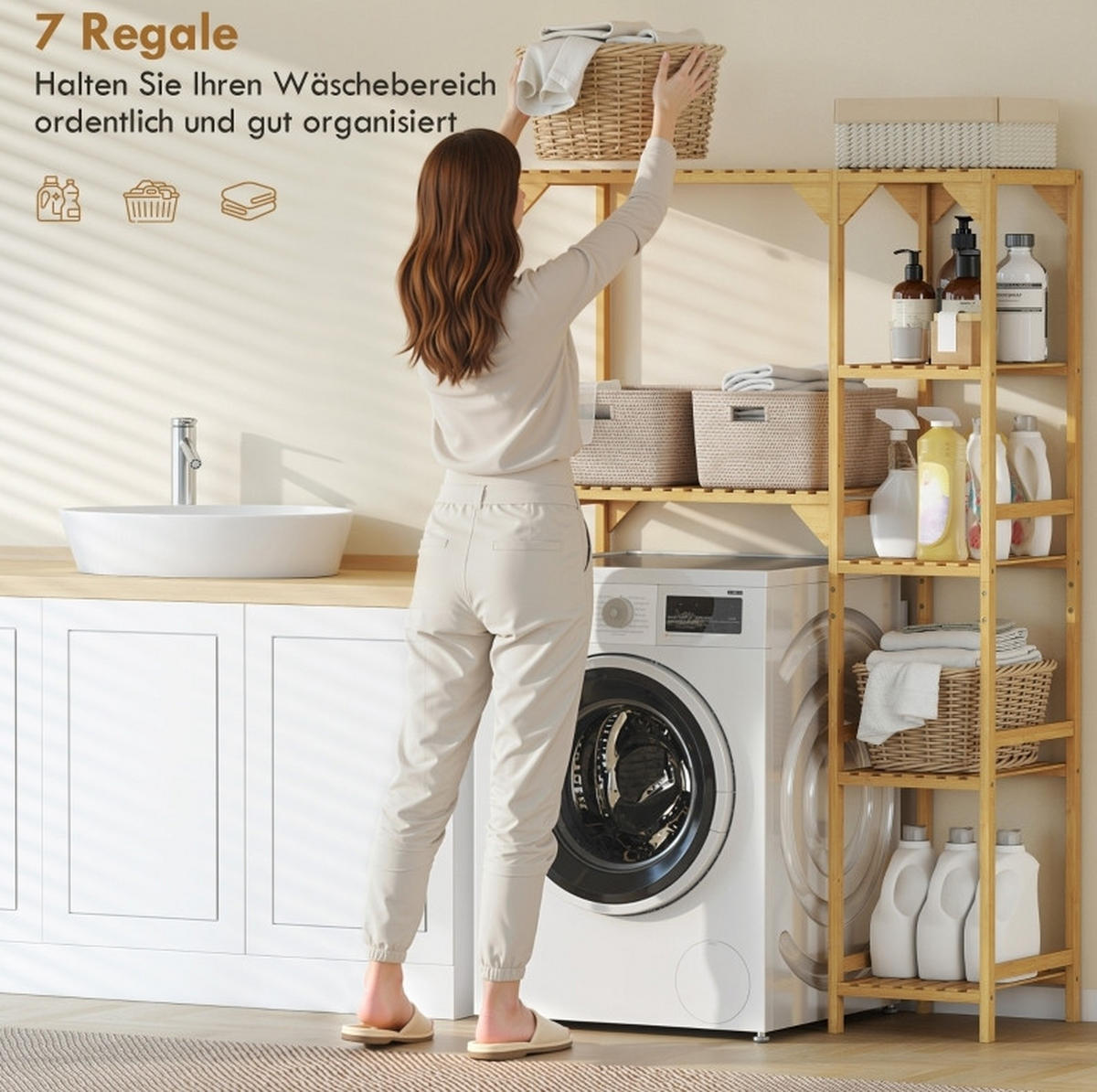 STANDREGAL 100/40/157 cm mit 7 Ablagen und variabler Seitenmontage, Natur - Naturfarben, Naturmaterialien (100/157/40cm) - Redom