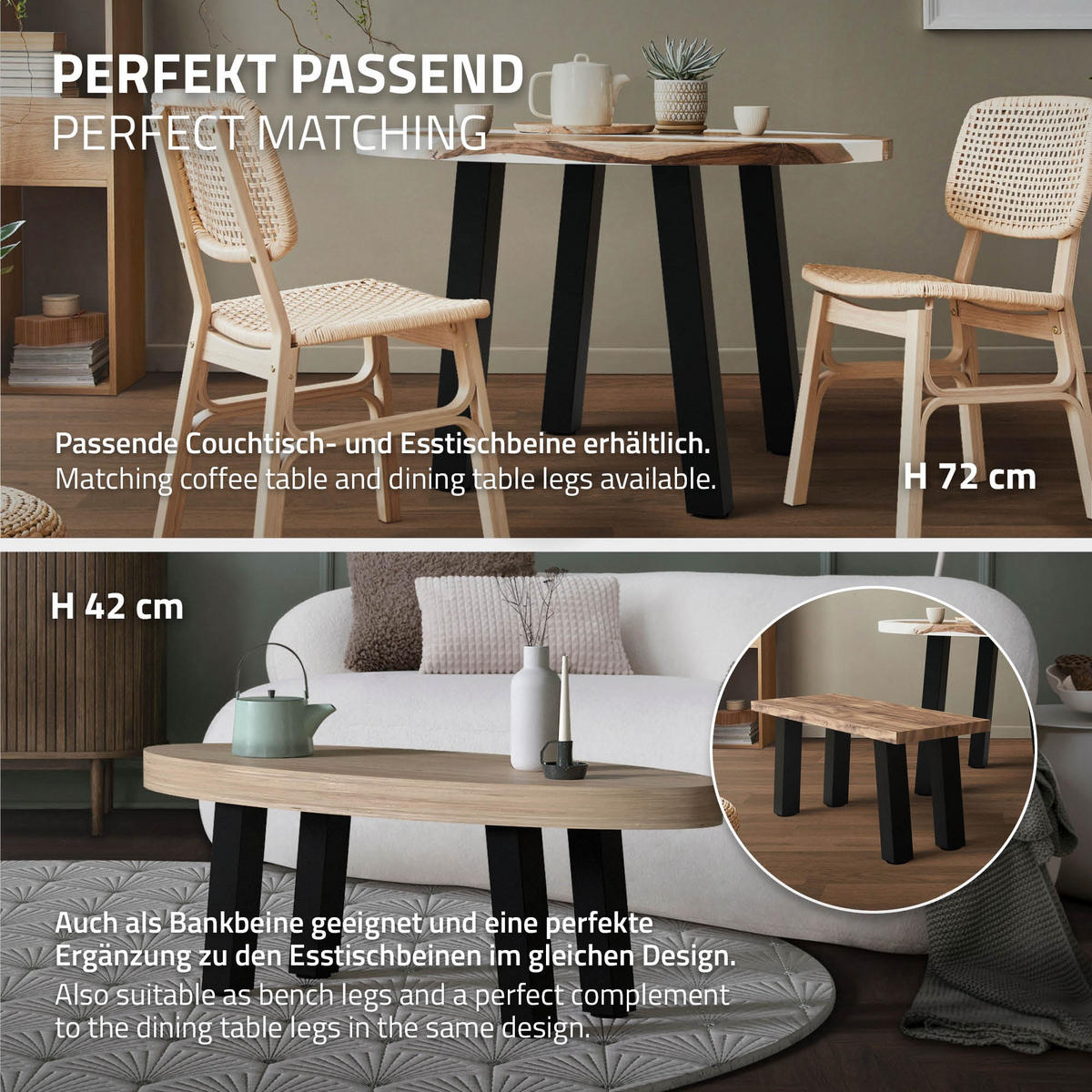 TISCHBEINE 4er Set I-96GRAD-Design H:30 cm Schwarz 8x8 cm - Schwarz, Metall (8/30/8cm) - ML-DESIGN