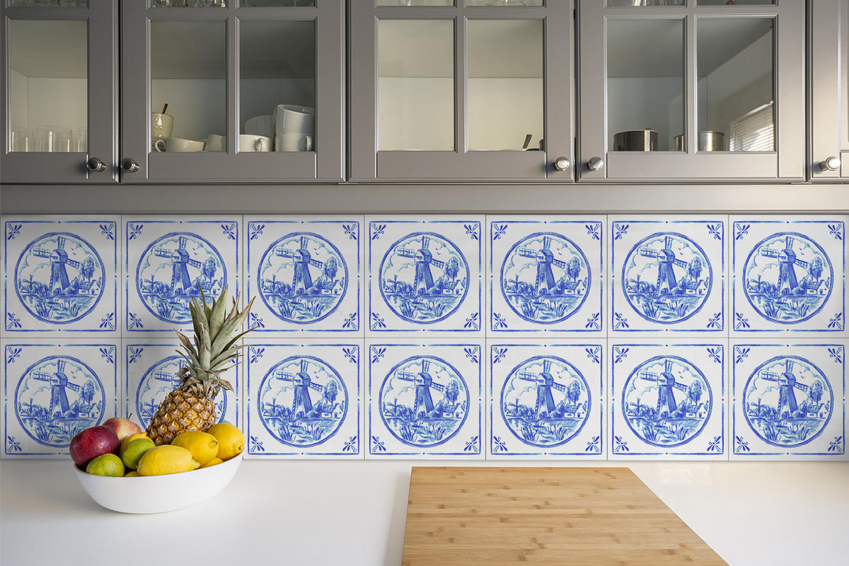 FLIESENAUFKLEBER 9 Stück 30x30 cm selbstklebend Windmühle im Azulejos-Stil - Blau, Textil (30/1.6/30cm) - TULUP