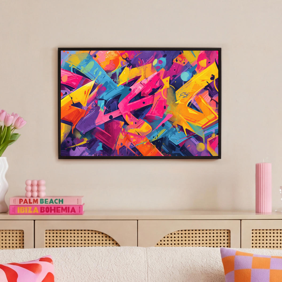 LEINWAND Bilder mit Rahmen - Abstrakt - Formen - Farbenfroh - 60x40 - Magenta, Textil (60/40cm) - MuchoWow