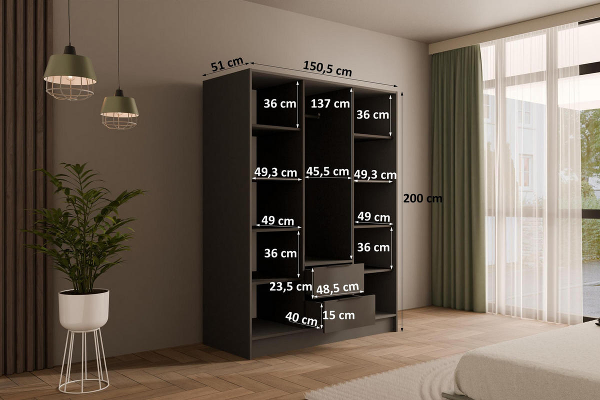 KLEIDERSCHRANK mit Spiegel und Flügeltüren KOLIN 100x200cm Graphit - Graphitfarben, Holzwerkstoff (102/200/51cm) - ALTDECOR