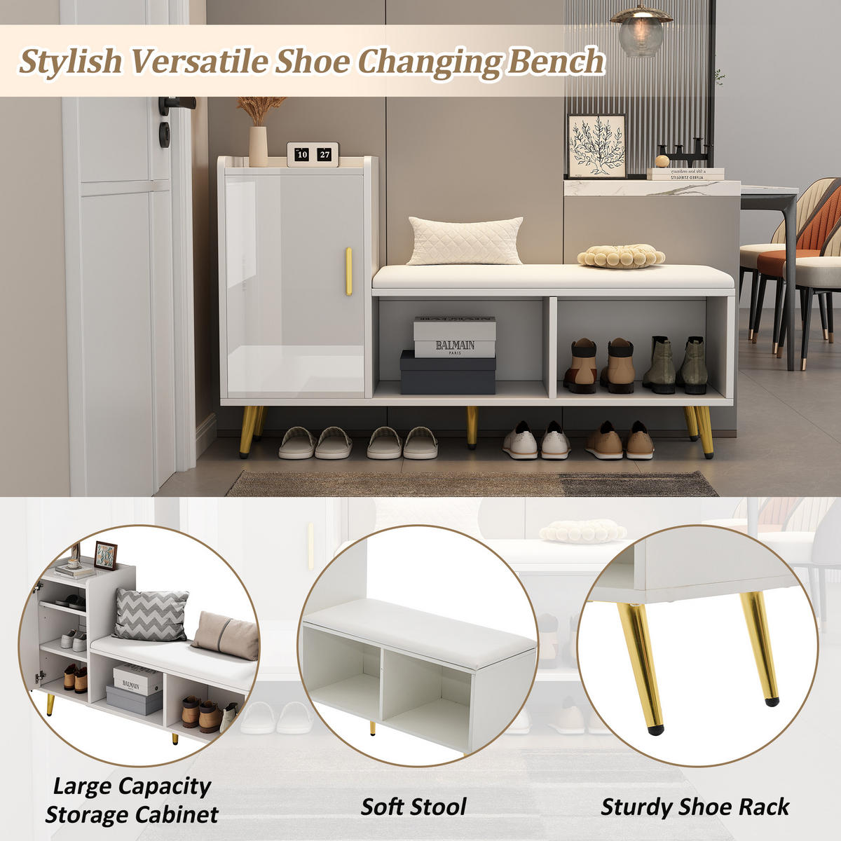 SCHUHSCHRANK Weiß Gold Sitzbank Hochglanz Stauraum Flur - Weiß, Holzwerkstoff (35/71.5/120cm) - FLIEKS