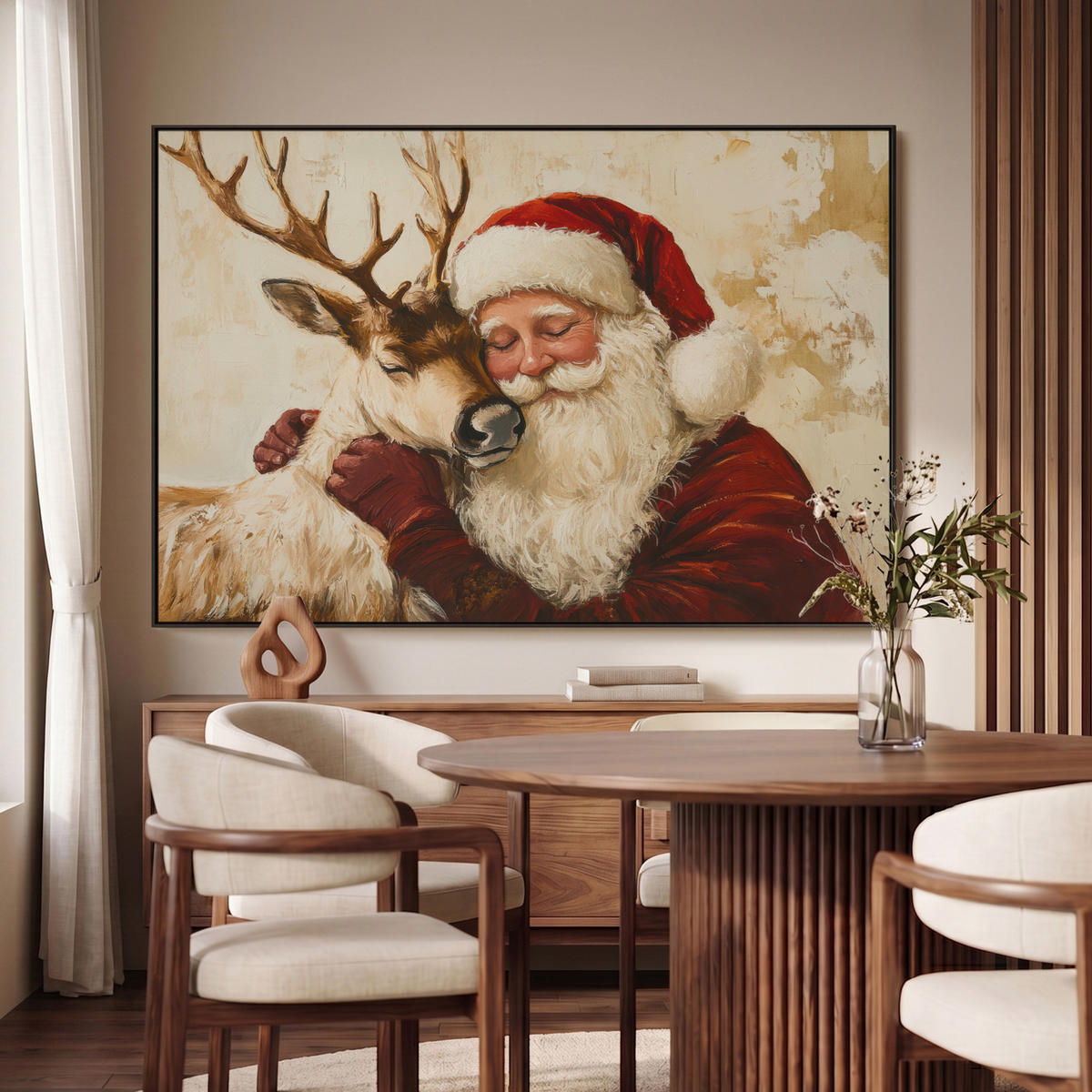 LEINWAND Bilder mit Rahmen - Weihnachtsmann - Rentier - Weihnachten - 140x90 - Rotbraun, Textil (140/90cm) - MuchoWow