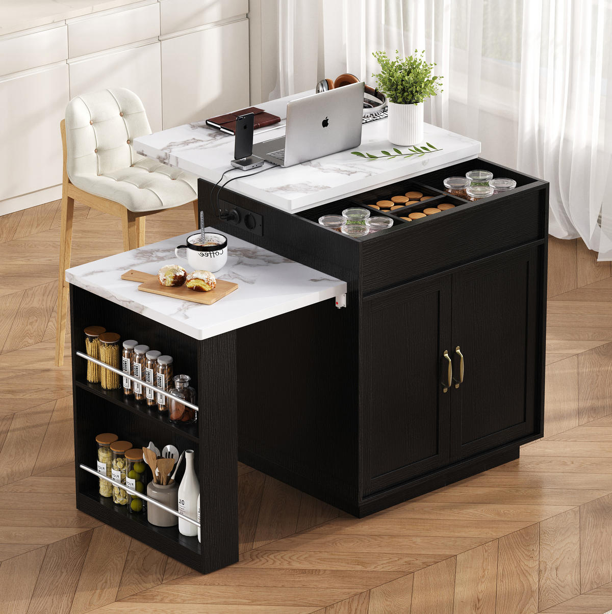 KÜCHENINSEL 125.5-187.5x71x93 cm Schwarz mit LED-Beleuchtung & Ladestation - Schwarz, Holzwerkstoff (187.5/93/71cm) - Modfu