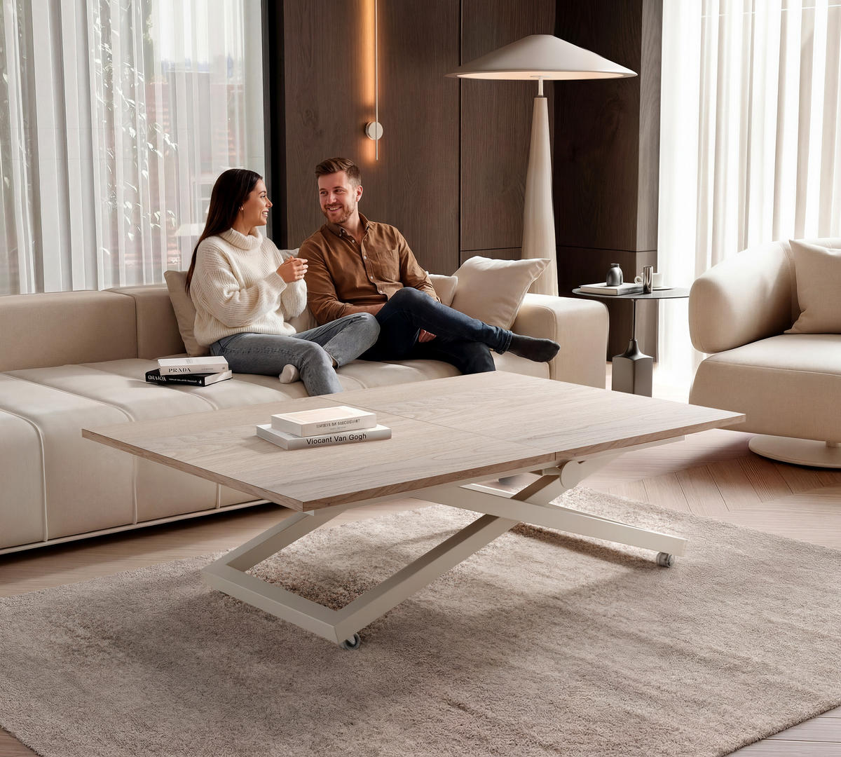 COUCHTISCH ARIA 120-160/80 cm, Höhenverstellbar, Kaschmir / Cremona Cannolo (Cremefarben) - Kaschmir/Creme, Holzwerkstoff/Metall (120/80/38cm) - Idohome