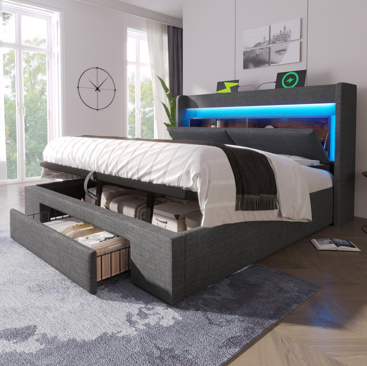 POLNJENA postelja iz platna 180x200 cm siva z LED osvetlitvijo, USB/USB-C in hidravličnim prostorom za shranjevanje - siva, tekstil (180/200cm) - Modfu