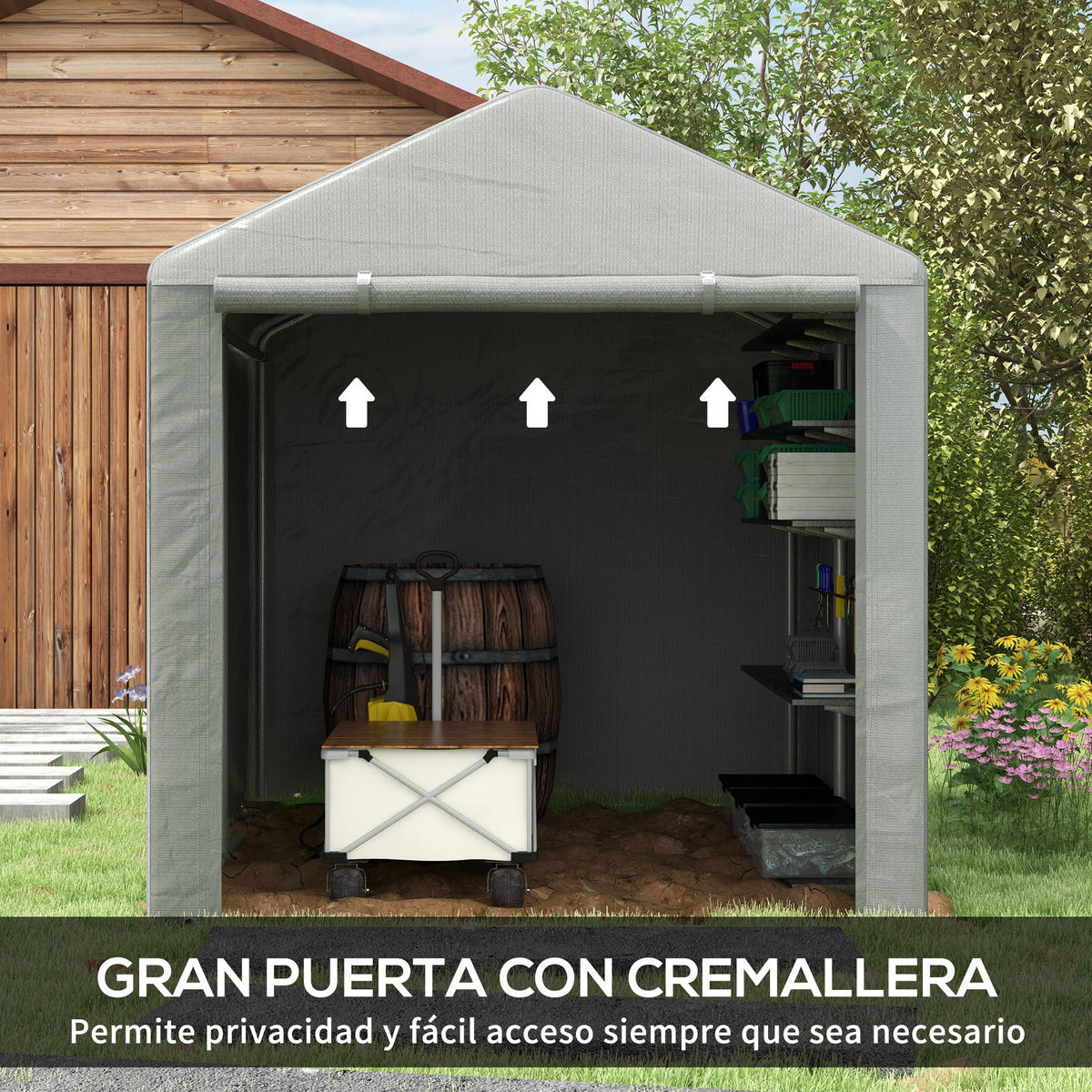GARTENHAUS 2 Fächer, Tür mit Reißverschluss, wasserdicht, UV-beständig 1,6 x 2,2 x 1,7 m ,hellgrau - Hellgrau, Metall (218/172/160cm) - Vallsero