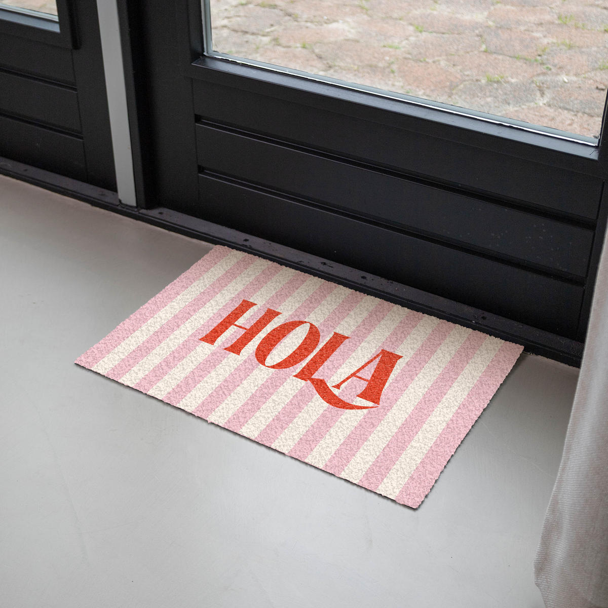 FUSSMATTE Hola - Zitat - Streifen - Pastell - Rosa - Rot - Weiß Schmutzfangmatte 60x40 cm - Rosa, Kunststoff (60/0.4cm) - MuchoWow
