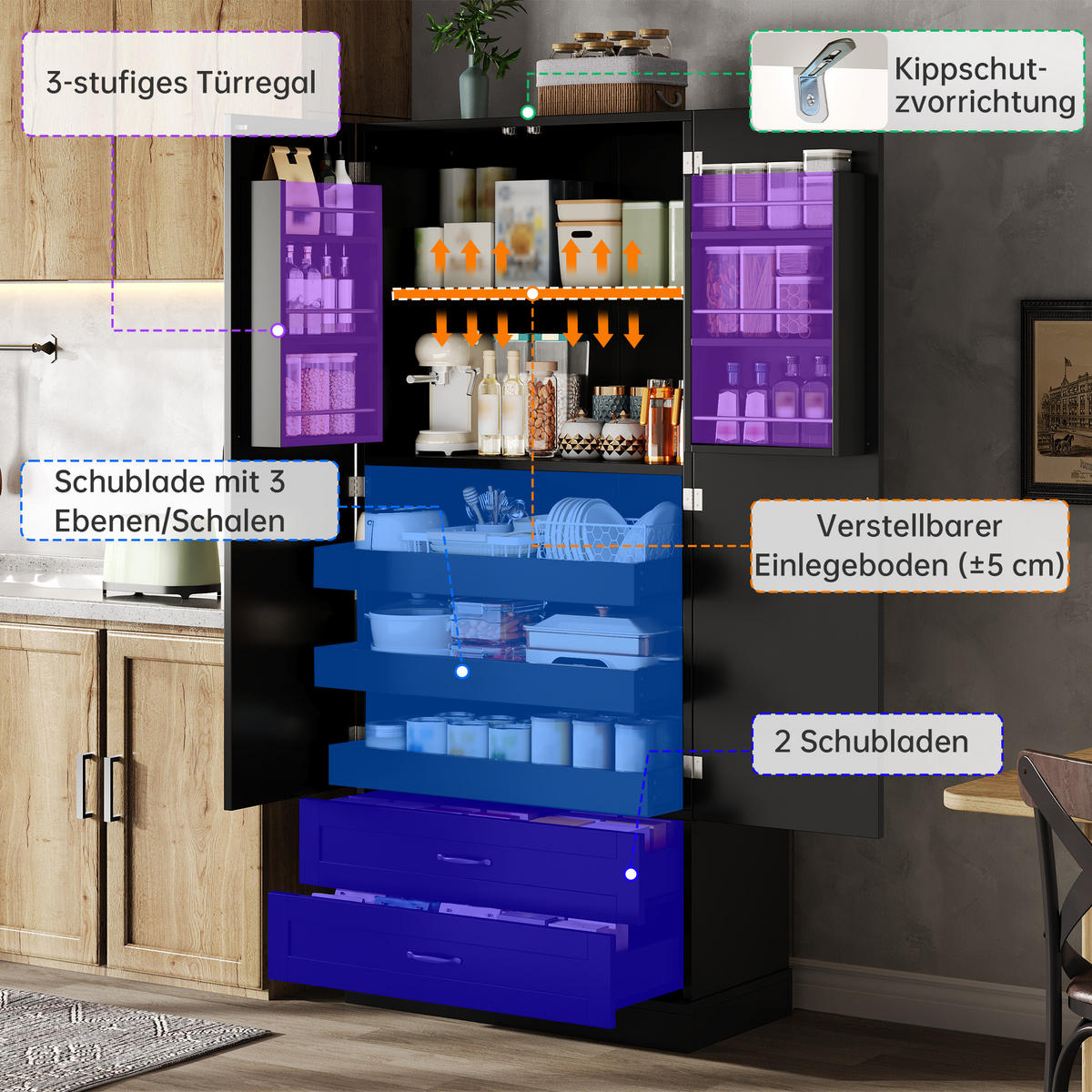 HIGHBOARD DE-38728 80/37,5/180 cm 3 Ausziehböden und 2 Schubladen Schwarz - Schwarz, Holzwerkstoff (80/180/37.5cm) - ComfortXL
