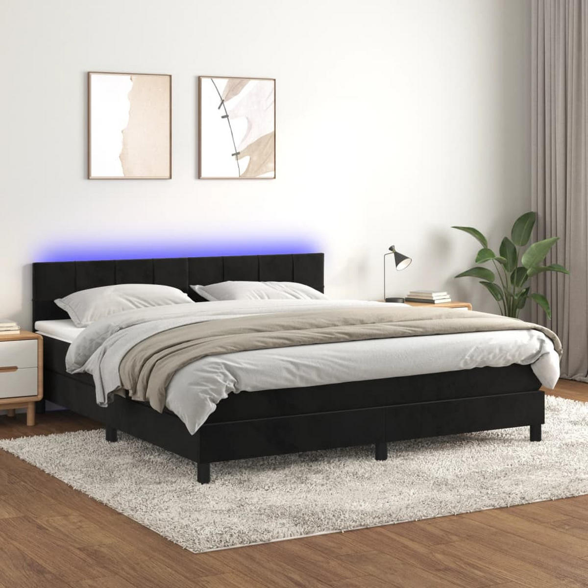 BOXSPRINGBETT MIT MATRATZE & LED SCHWARZ 160X200 CM SAMT - Schwarz, Holz/Textil - vidaXL
