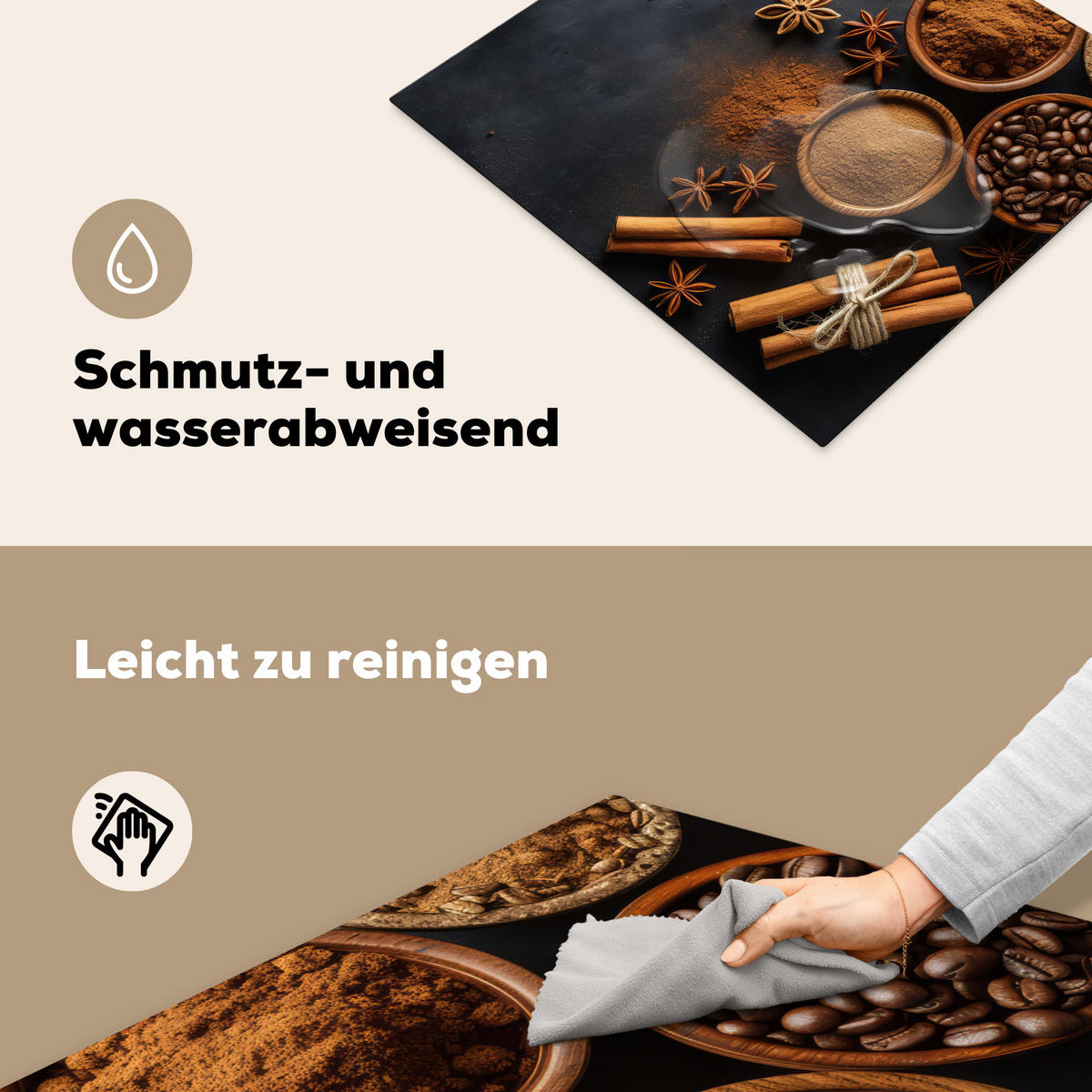 HERDABDECKPLATTE Zimt - Beton - Kaffee - Zimtstangen - Gewürze Ceranfeldabdeckung 59x52 cm - Mokka, Kunststoff (59/52/0.2cm) - MuchoWow