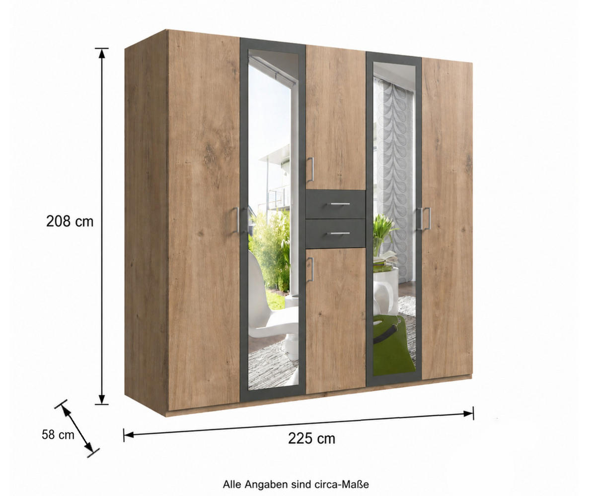 DREHTÜRENSCHRANK Kleiderschrank B225/H208/T58 cm mit Schubkästen & 2 Spiegeltüren, Eiche Dekor mit Absetzungen in Grafit / 22592 - Eichefarben/Silberfarben, Holzwerkstoff/Kunststoff (225/208/58cm) - luma-home