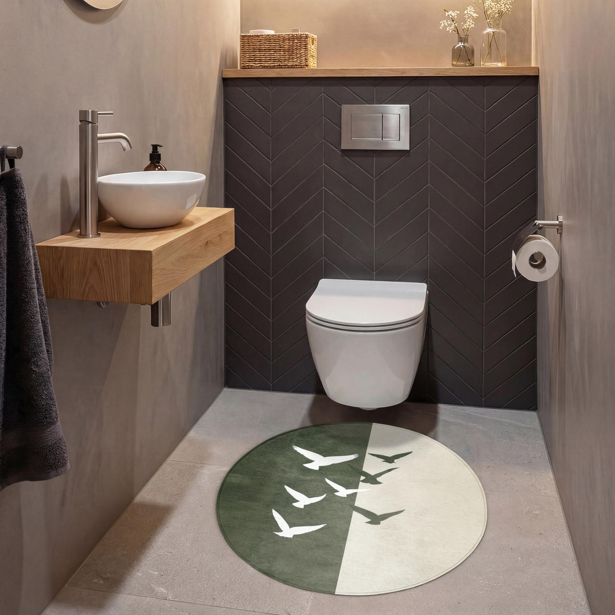 WC PŘEDLOŽKA Japandi - Pták - Zelený 70x70 cm - olivově zelená, textil/plast (70/1cm) - OnlyWow