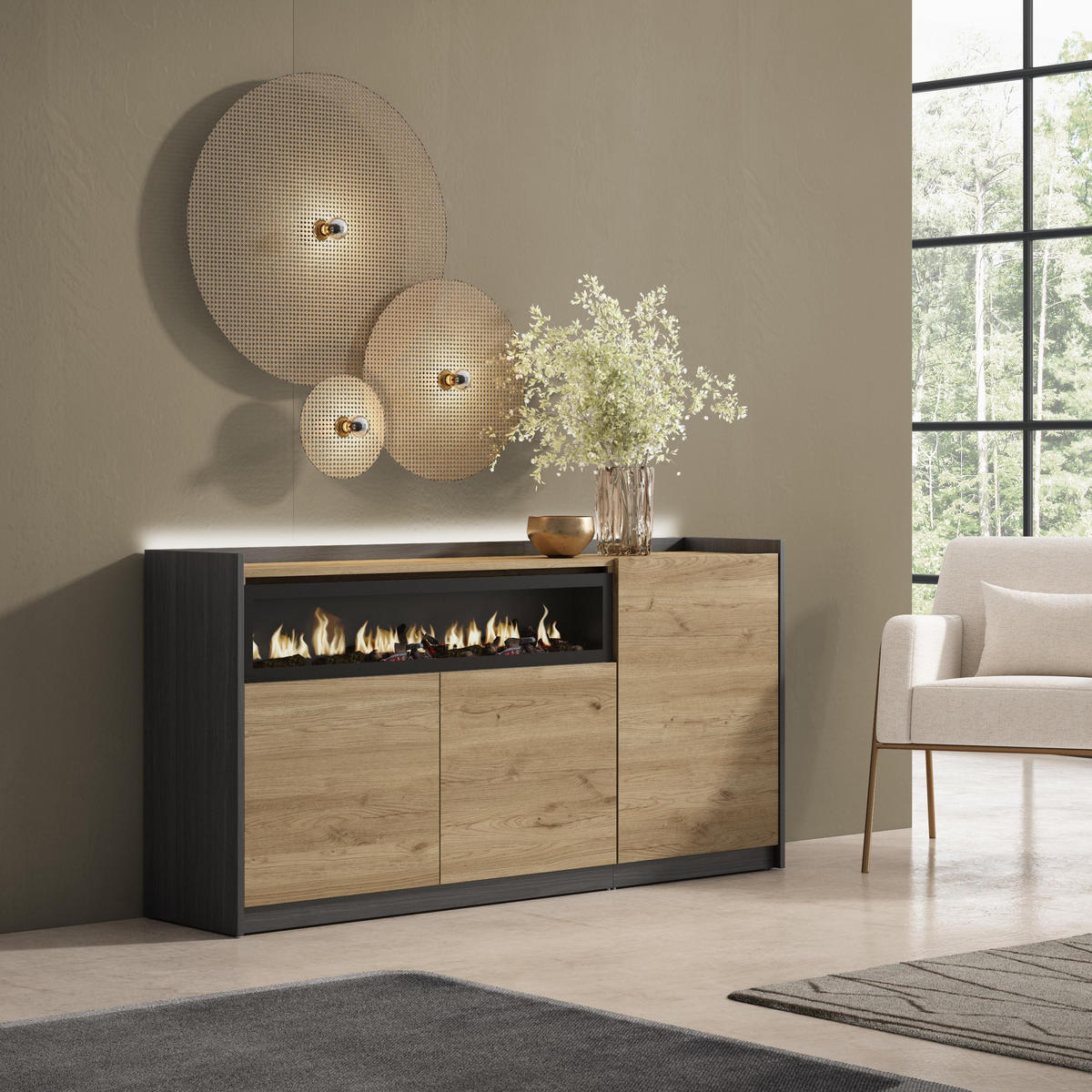 SIDEBOARD, Eiche und Schwarz, 156/37/80cm, Kamin mit Feuereffekt - Eichefarben, Holzwerkstoff (156/80/37cm) - Skraut Home