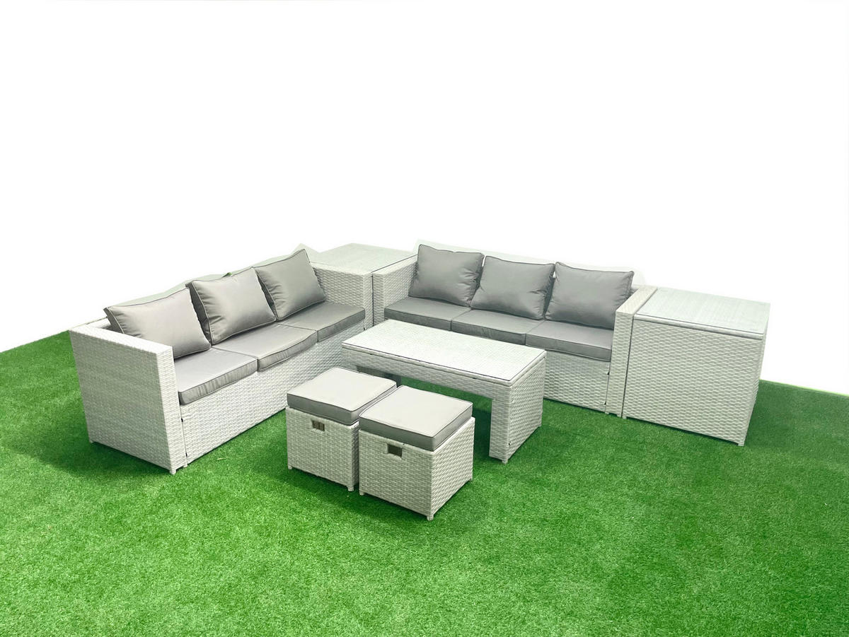 GARTENSOFA hohe Rückenlehne Polyrattan Hellgrau-Mix 8-Sitzer - Hellgrau/Grau, Glas/Kunststoff - Fimous