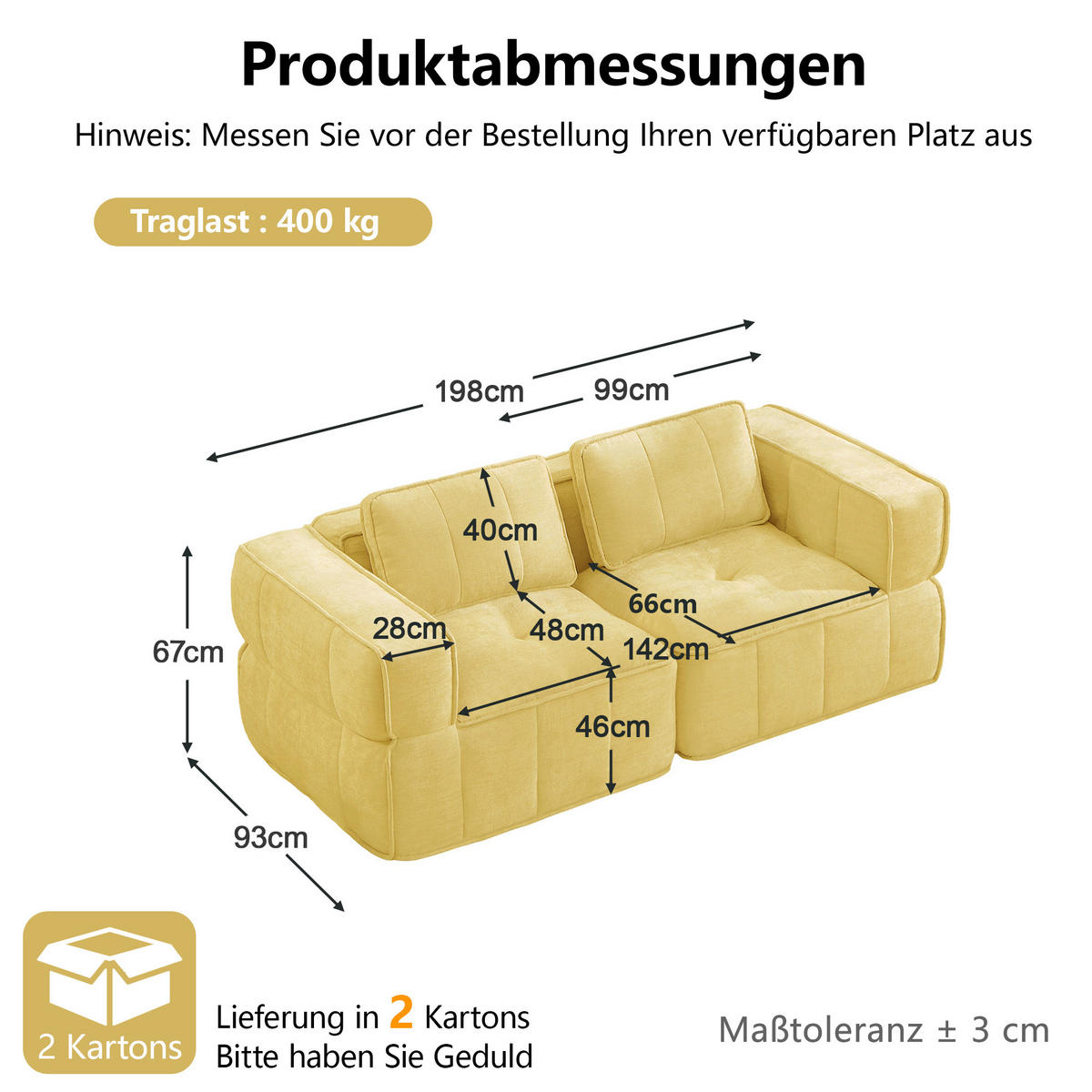 2-SITZER-SOFA DE-34428 Tiefsitz und 32D-Schaum Gelb - Gelb, Textil (93/67/198cm) - ComfortXL