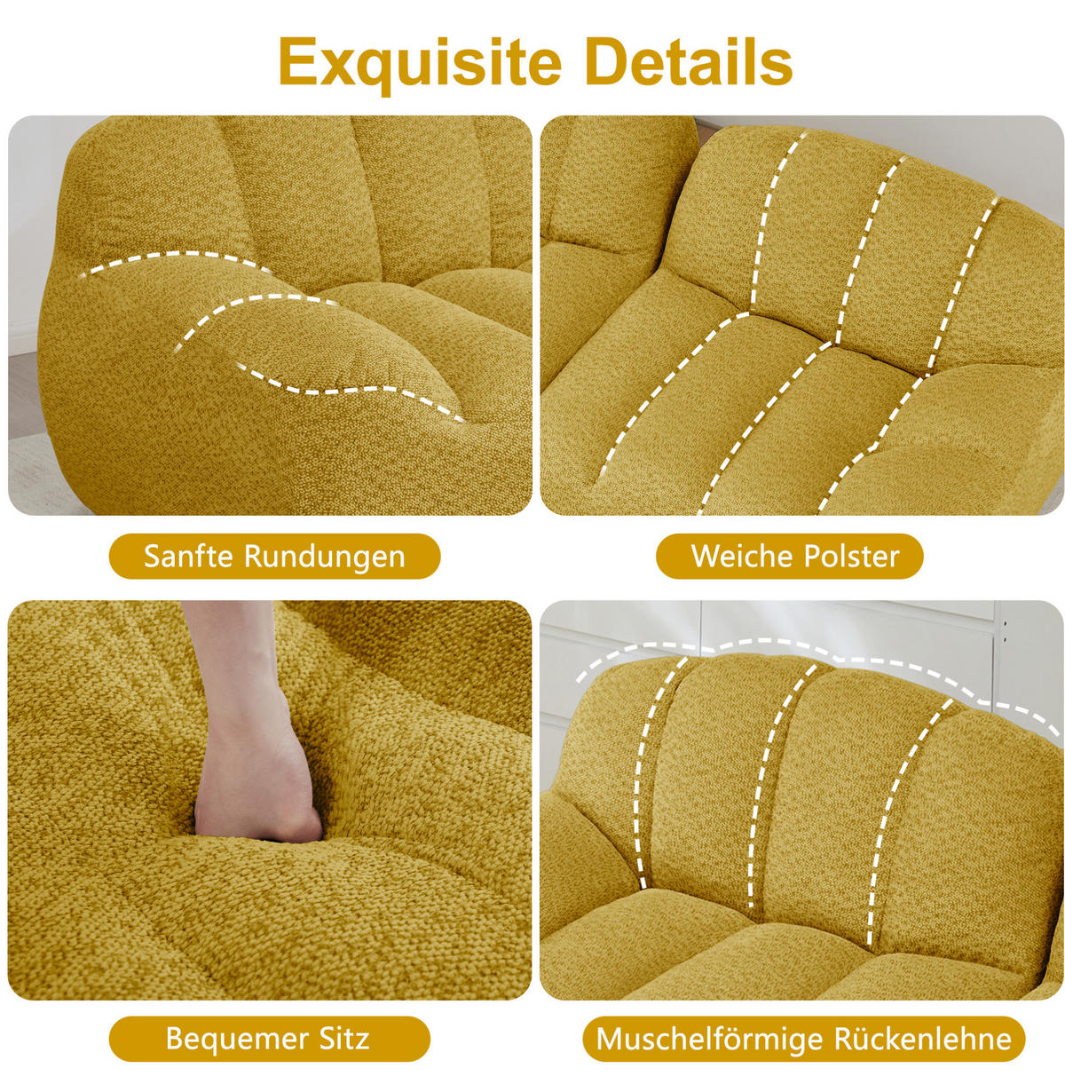 MODULARES 4-Sitzer Sofa aus granuliertem Fleece mit ergonomischer Muschelform Gelb - Gelb, Textil (104/79/366cm) - Modenvie