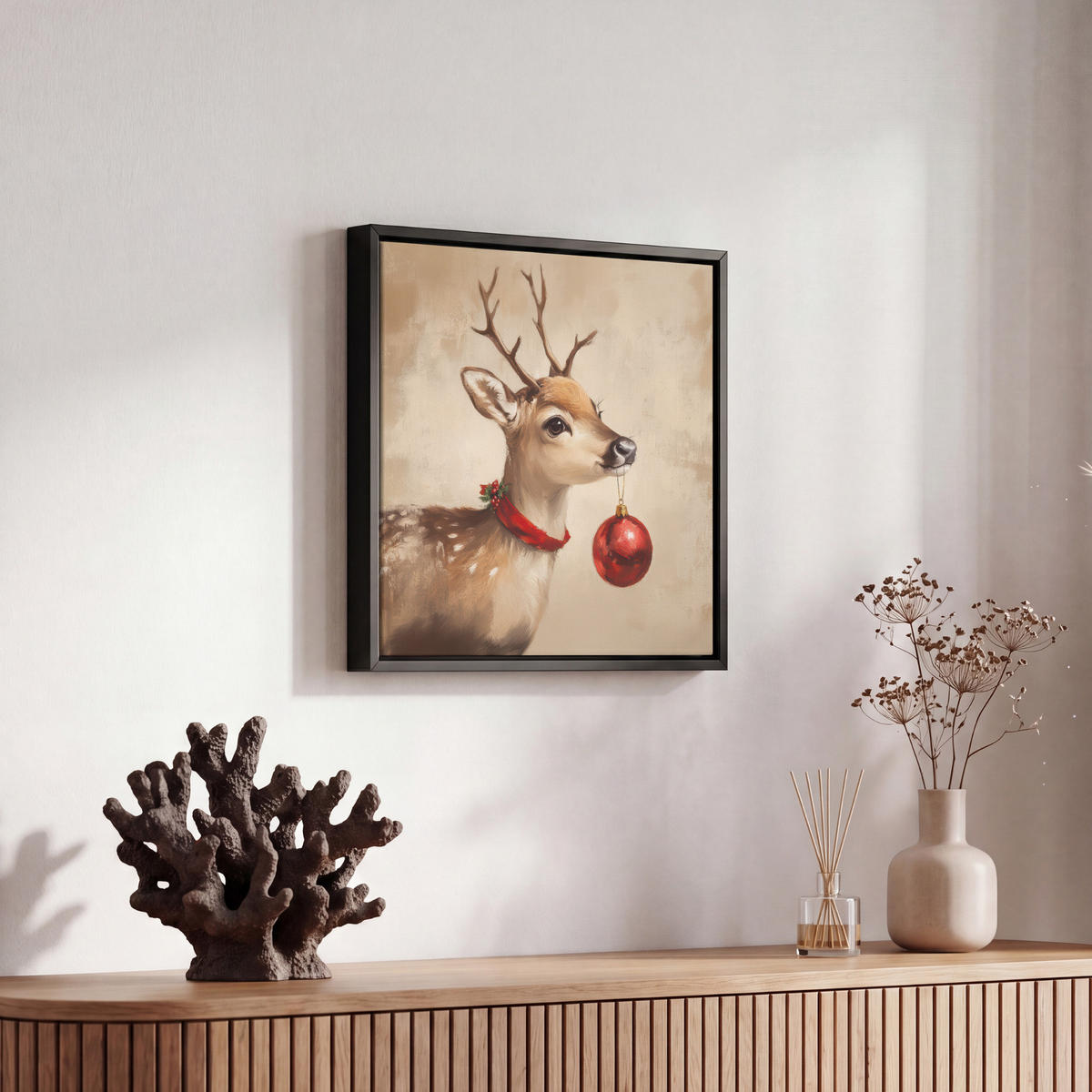 LEINWAND Bilder mit Rahmen - Weihnachten - Hirsch - Geweih - Weihnachtskugel - Rentier - 20x20 - Hellbraun, Textil (20/20cm) - MuchoWow