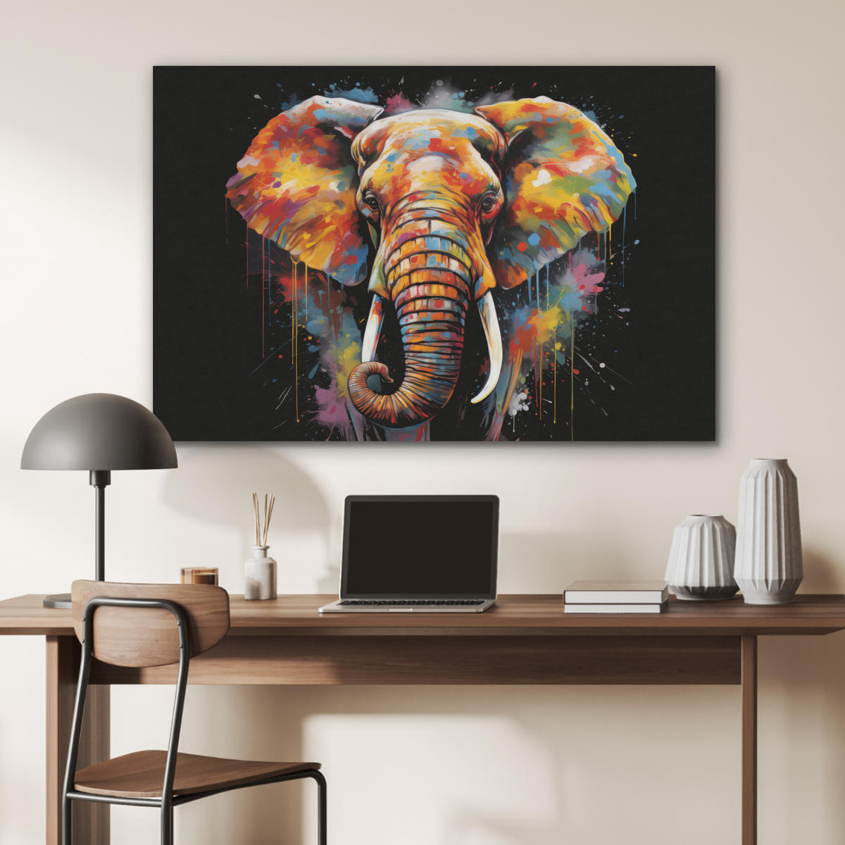 AKUSTIKPANEEL Elefant - Graffiti - Schwarz - Tiere - Farben 100x70 cm - Schwarz, Textil (100/0.9/70cm) - MuchoWow