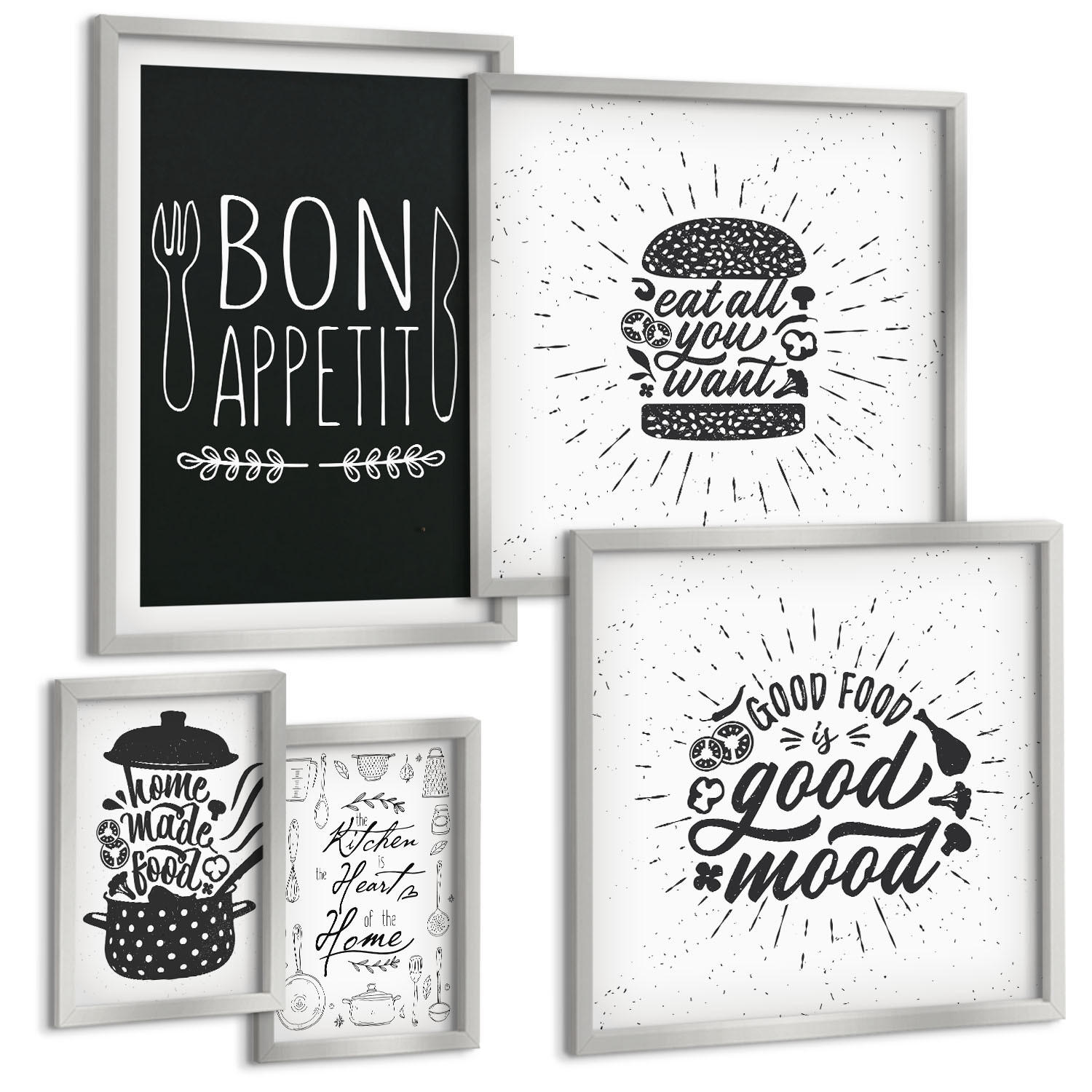 BILDER SET 5er Set - 50x50 cm & 20x30 cm & 40x60 cm Silberner Rahmen - Grafiken, Lebensmittel, kulinarische Slogans - Silberfarben, Kunststoff (40/60cm) - TULUP