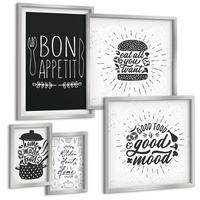 BILDER SET 5er Set - 50x50 cm & 20x30 cm & 40x60 cm Silberner Rahmen - Grafiken, Lebensmittel, kulinarische Slogans - Silberfarben, Kunststoff (40/60cm) - TULUP