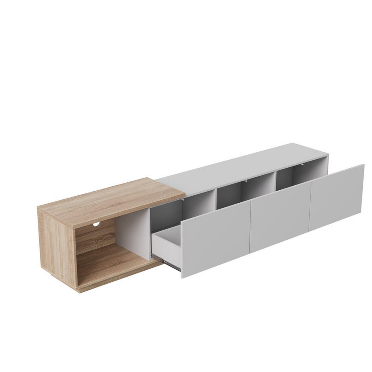 LOWBOARD mit intelligenter Induktions-LED-Beleuchtung, 3 Schubladen und einem offenen Fach, für 65-Zoll - Weiß, Holz (38/44/240cm) - WoodenAura