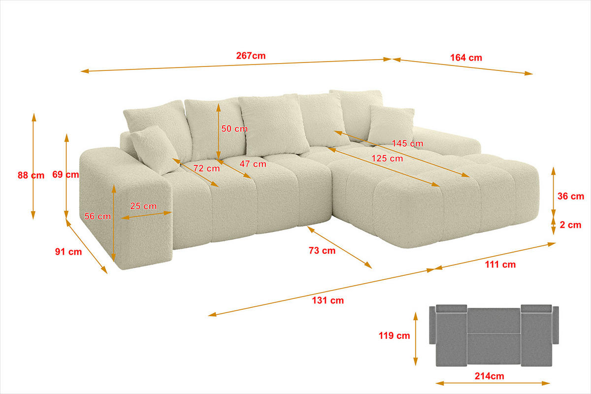 ECKSOFA Ottomane Rechts ENSI-L - 267x164x88 cm Creme - Creme, Holzwerkstoff/Kunststoff (164/267cm) - ALTDECOR