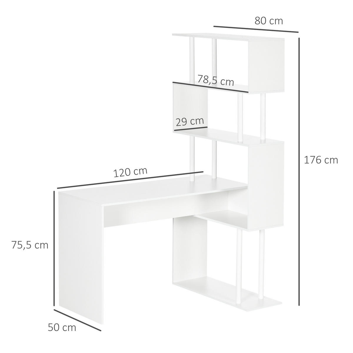 ECKSCHREIBTISCH Weiß in L-Form mit 4-stufigem Regal 120/80/176 cm - Weiß, Holzwerkstoff (80/120/176cm) - PANGIVO