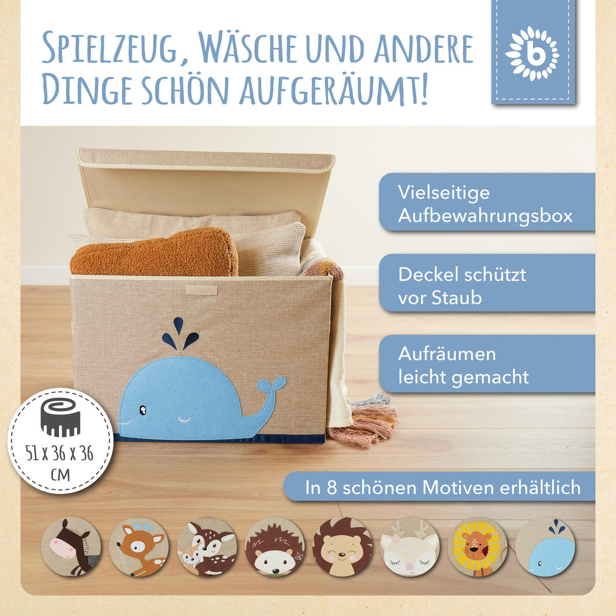 AUFBEWAHRUNGSBOX mit Deckel 65L, faltbar - Blau/Beige, Textil (51/36cm) - Bieco Spielwaren