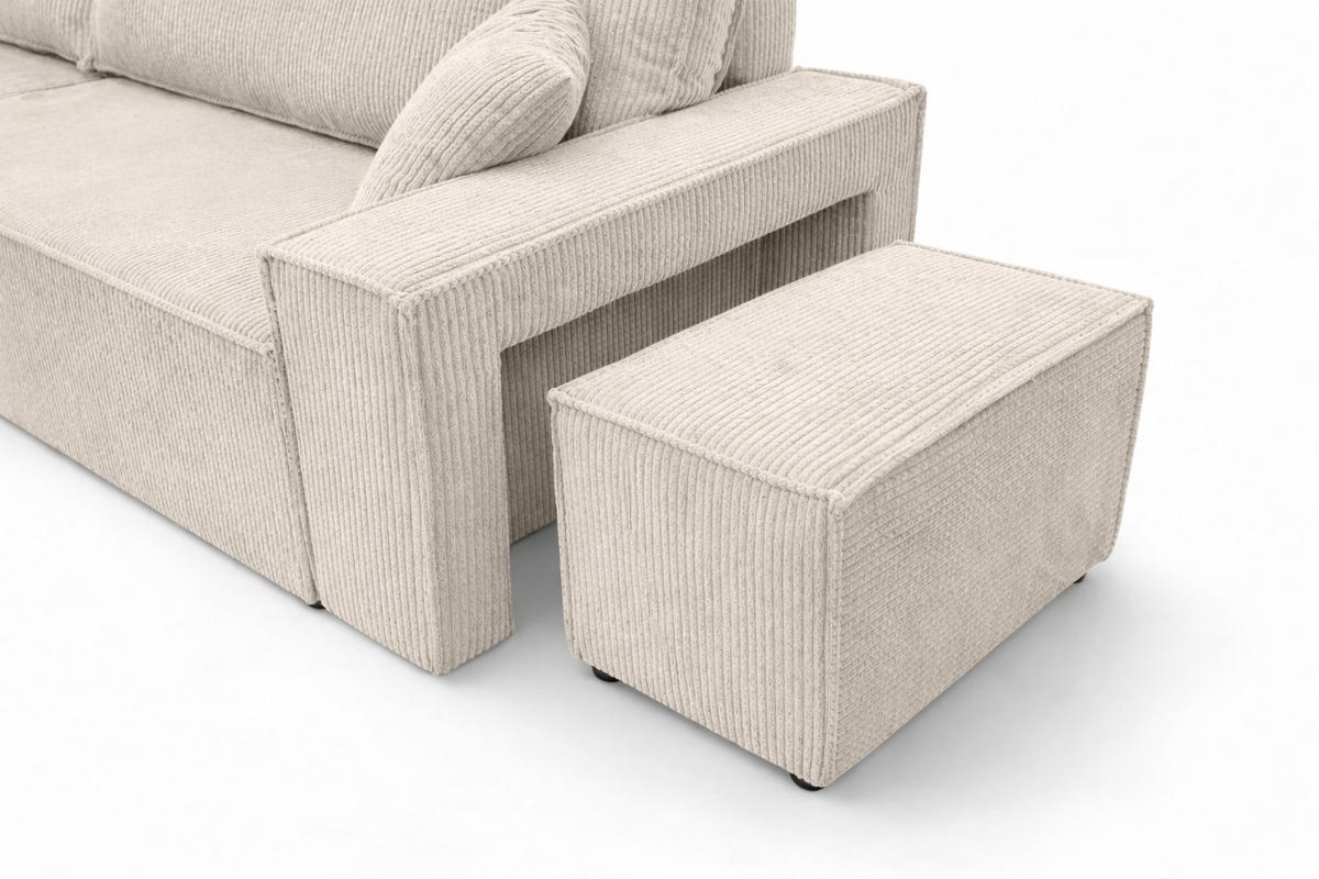 ECKSOFA Mit Schlaffunktion Und Pouf, Cordstoff Poso, Beige, Links, Best L Mit Pouf - Creme, Holz (244/145cm) - Kaiser Möbel