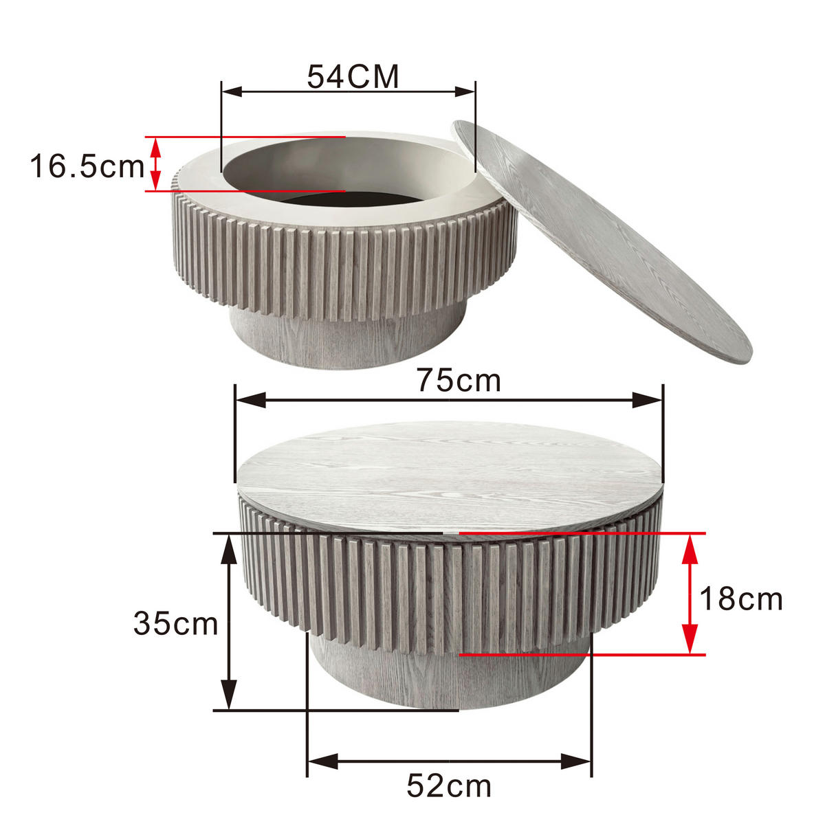 COUCHTISCH DE-37318 rund mit verstecktem Stauraum und Rillendesign Retro-Weiß - Weiß, Holzwerkstoff (75/75/35cm) - ComfortXL