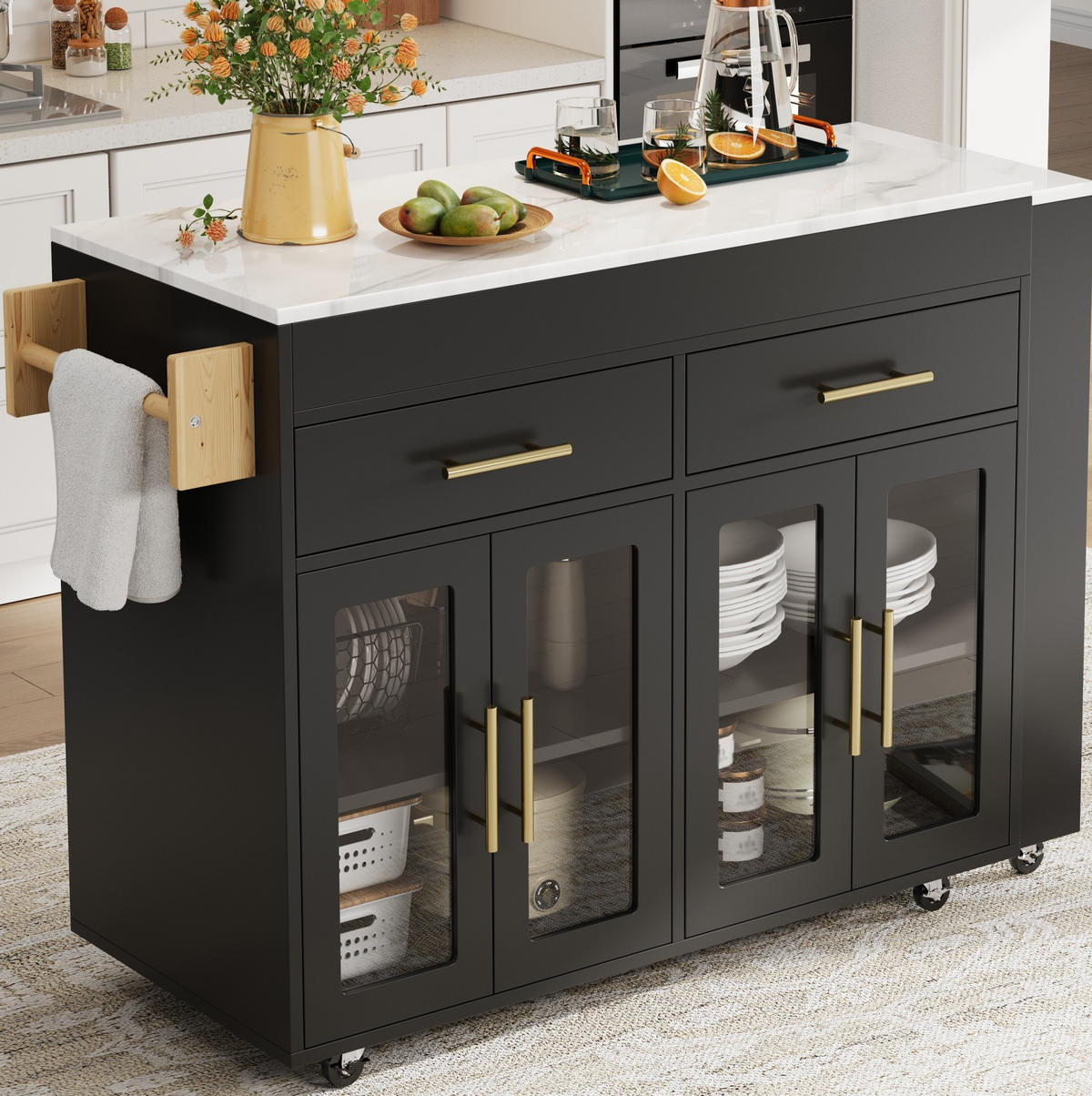 KÜCHENINSEL ausziehbar 132,5-217 x 50 x 93 cm MDF Black 3-tlg. - Schwarz, Holz (50/93/217cm) - Beauniv