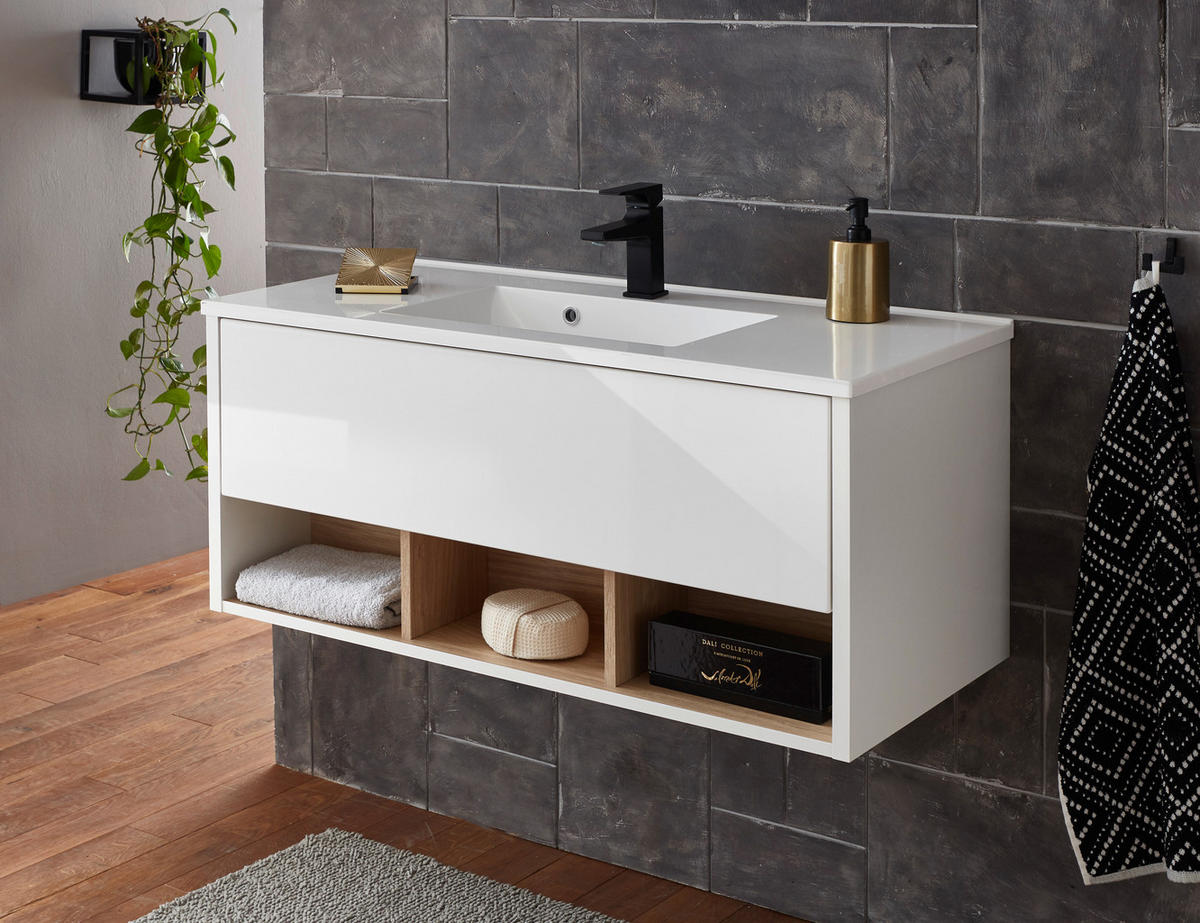 WASCHTISCH M20 Weiß Hochglanz & Eiche Dekor 100/42/46 cm breit ohne Waschbecken - Weiß Hochglanz/Eichefarben, Holzwerkstoff (100/42/46cm) - Livojo