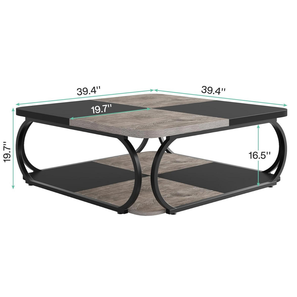 COUCHTISCH in Holzoptik Schwarz/Grau mit Ablage, ca. 100/100 /50 cm - Hellgrau/Schwarz, Holzwerkstoff/Metall (100/100/50cm) - Quality Elegance