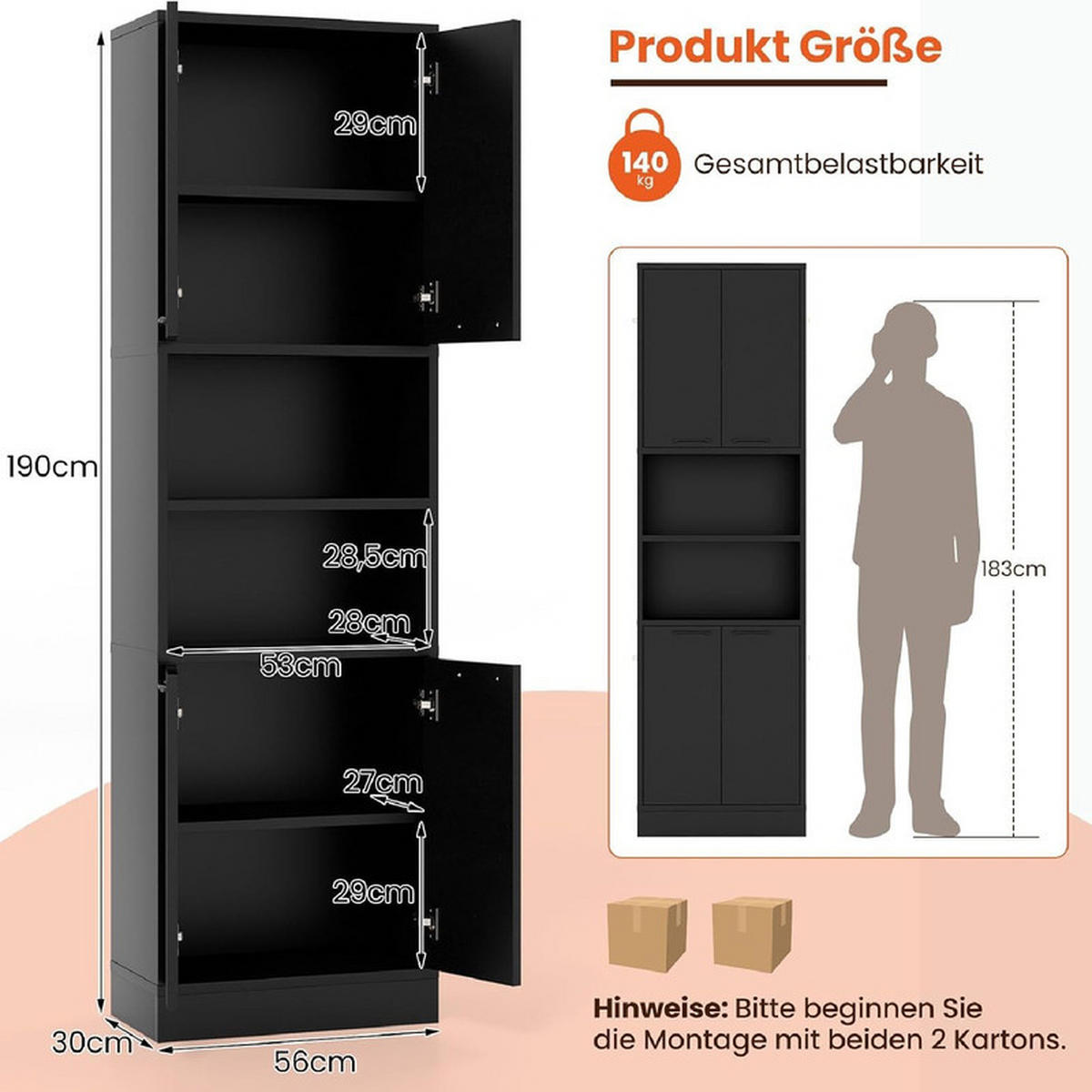 VORRATSSCHRANK mit Türen schwarz - Schwarz, Holzwerkstoff (56/190/30cm) - COSTWAY