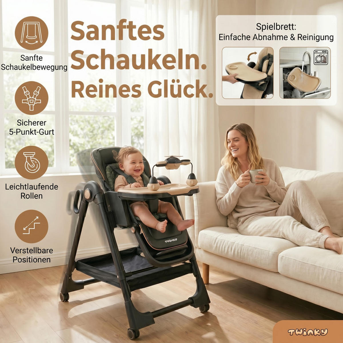 BABYHOCHSTUHL EXPLORE | Verwandlungsfähig | Schwarz - Beige/Schwarz, Leder/Kunststoff (69/110/69cm) - Twinky