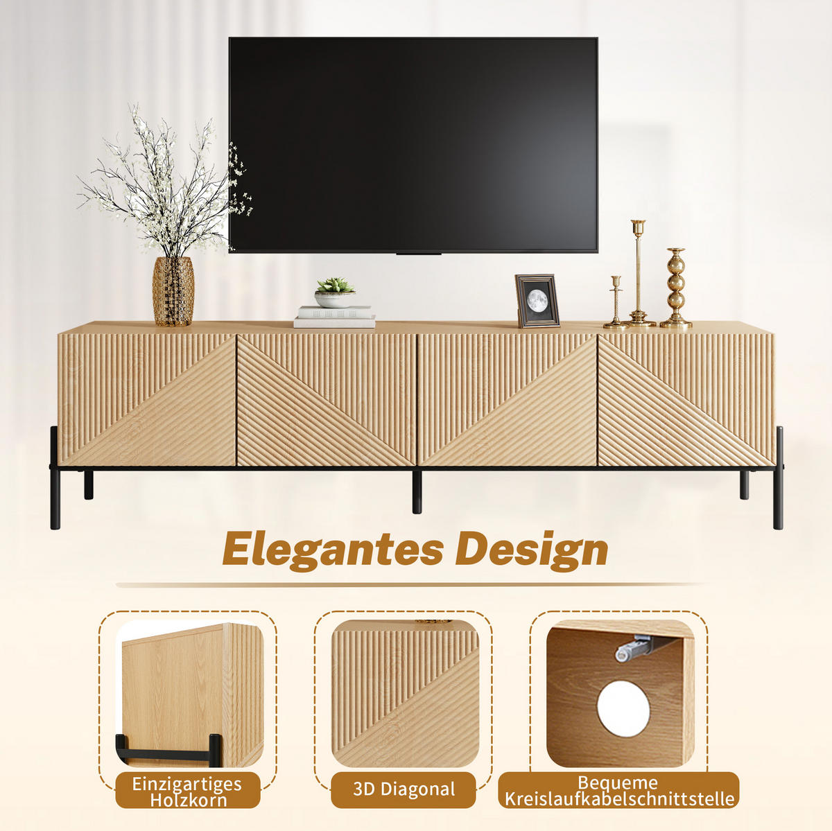 TV stolek z MDF 163,5x40x45 cm přírodní se 4 dvířky, 3D strukturou a otvíráním na stisk - světle hnědá, kompozitní dřevo (163.5/45/40cm) - Modfu