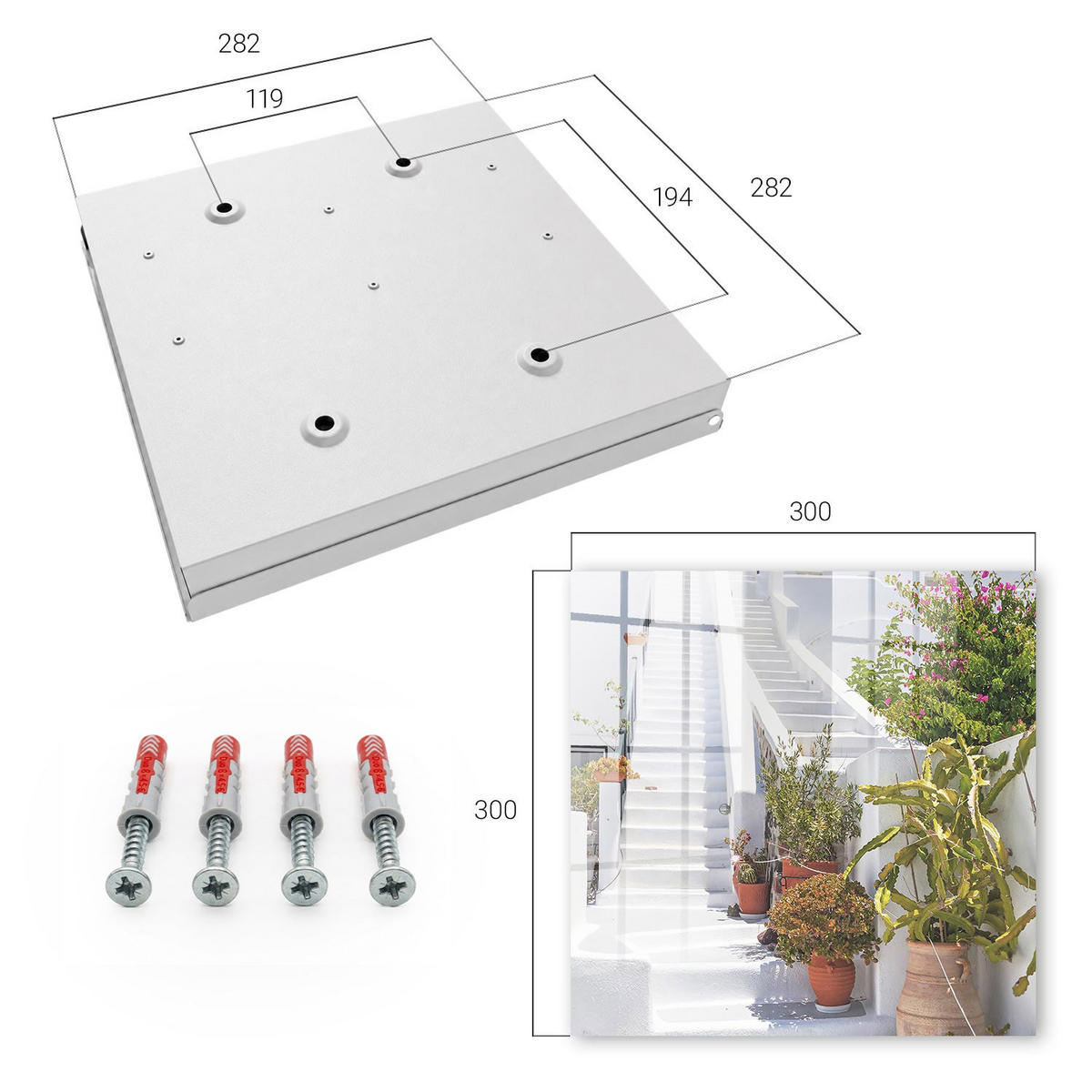 SCHLÜSSELBOX Weiß 30x30 cm – Türöffnung nach rechts - Treppe mit Pflanzen - Weiß, Metall (30/30/5cm) - TULUP