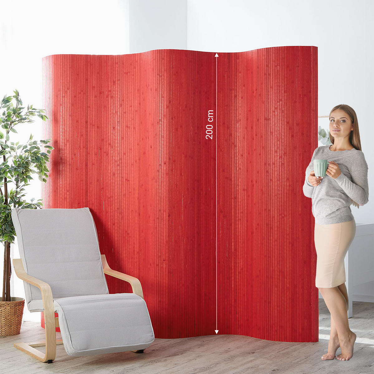 PARAVENT 250/200 cm Rot Raumteiler Bambus - Rot, Naturmaterialien (250/200/1cm) - Homestyle4u