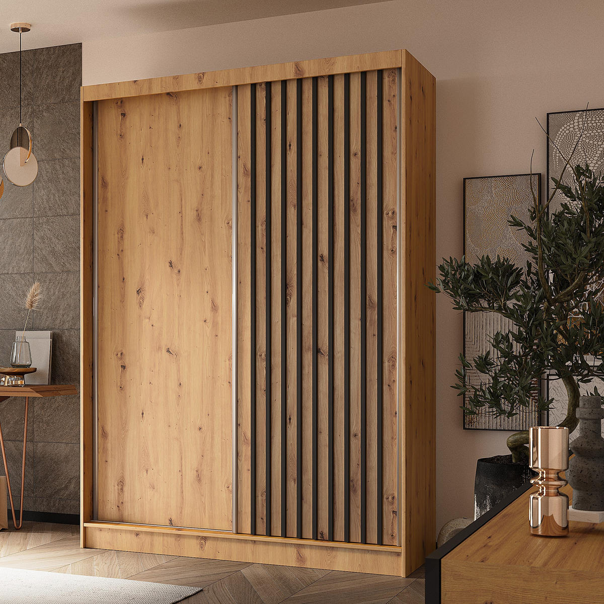 SCHWEBETÜRENSCHRANK LAMELLO 150/216/61 cm 2-türig Eiche Artisan - Eiche Artisan, Holzwerkstoff (150/216/61cm) - MASSENO