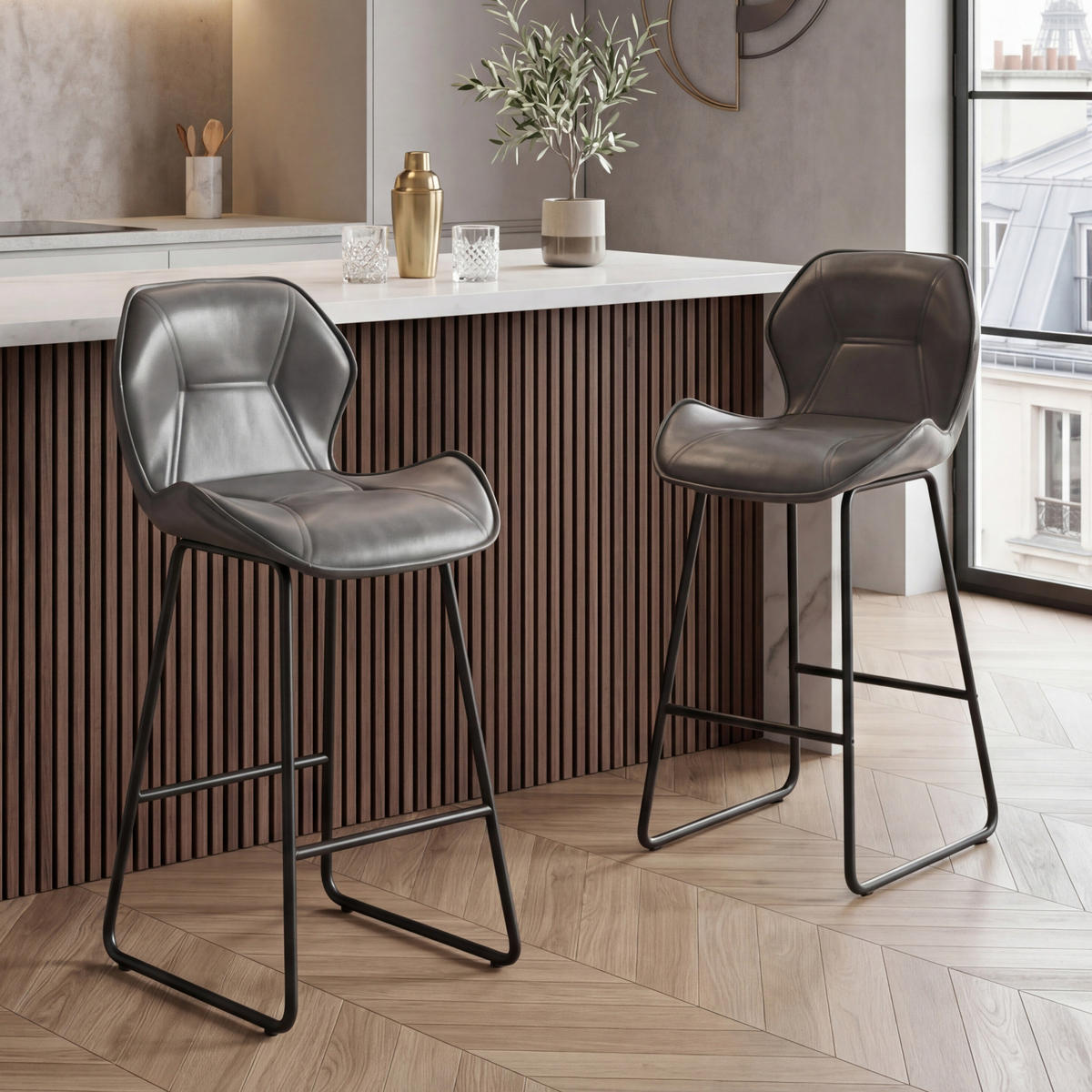 BARHOCKER 2er-Set mit Rückenlehne Kunstleder Grau - Grau, Metall (47/91.5/48.5cm) - Meubliv