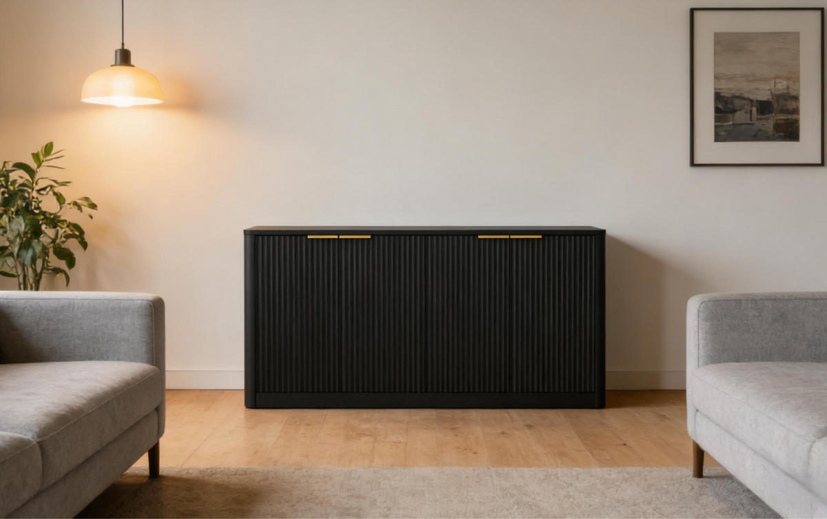 SIDEBOARD aus MDF 150x40x70,5 cm Schwarz mit 4 Türen und wellenförmiger Front - Schwarz, Holzwerkstoff (150/70.5/40cm) - Modfu