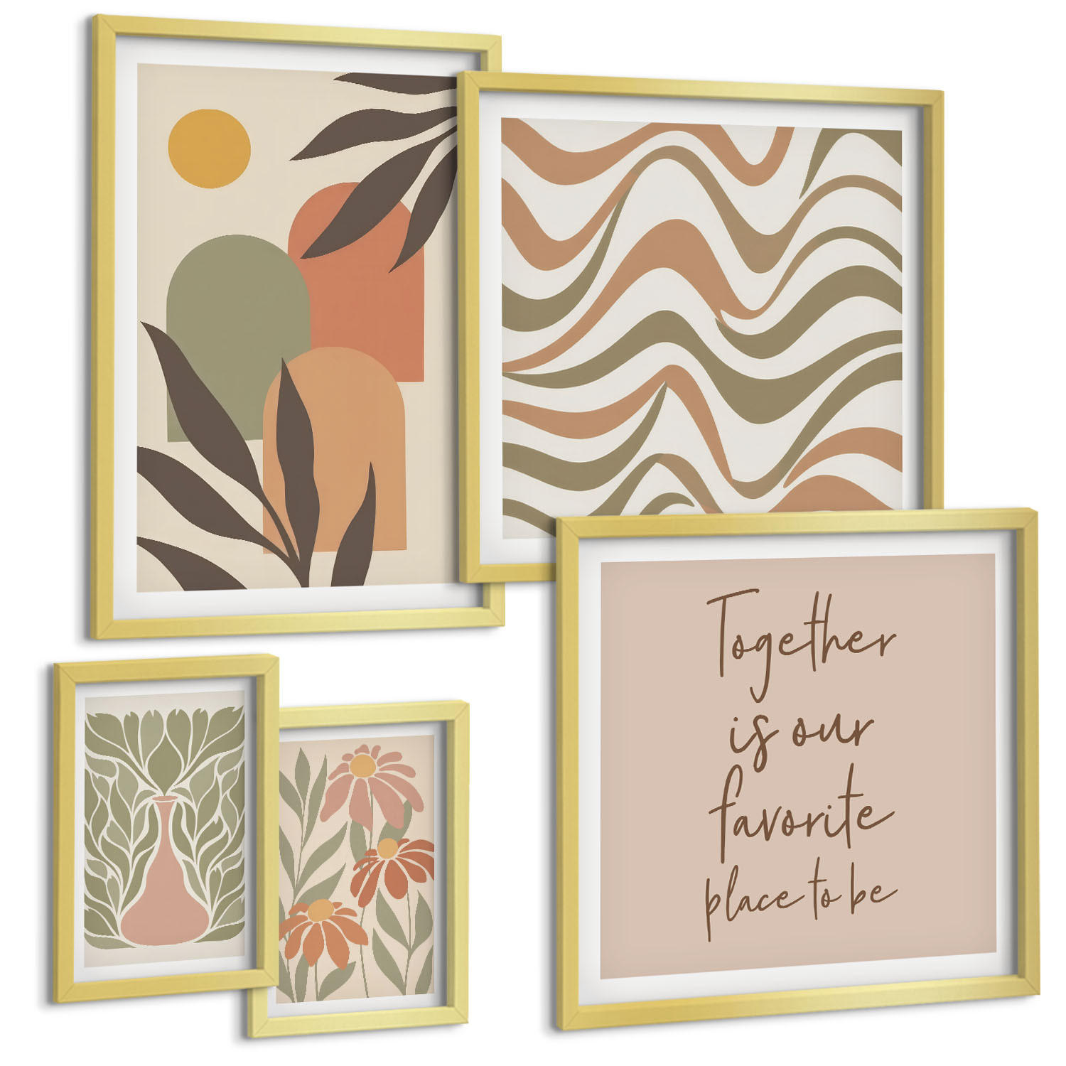 BILDER SET 5er Set - 50x50 cm & 20x30 cm & 40x60 cm Goldrahmen - Abstrakte Pastellblumen - Goldfarben, Kunststoff (40/60cm) - TULUP