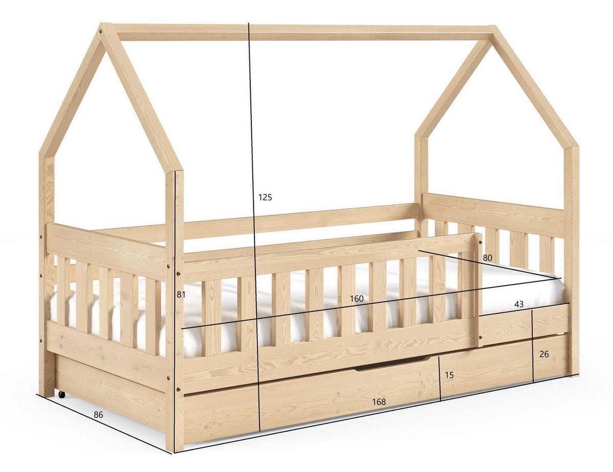 HAUSBETT Mickey mit Matratze, Rausfallschutz und Schublade (Birke, 190x80 cm) - Birkefarben, Holz (80/125/190cm) - VENASI MÖBEL