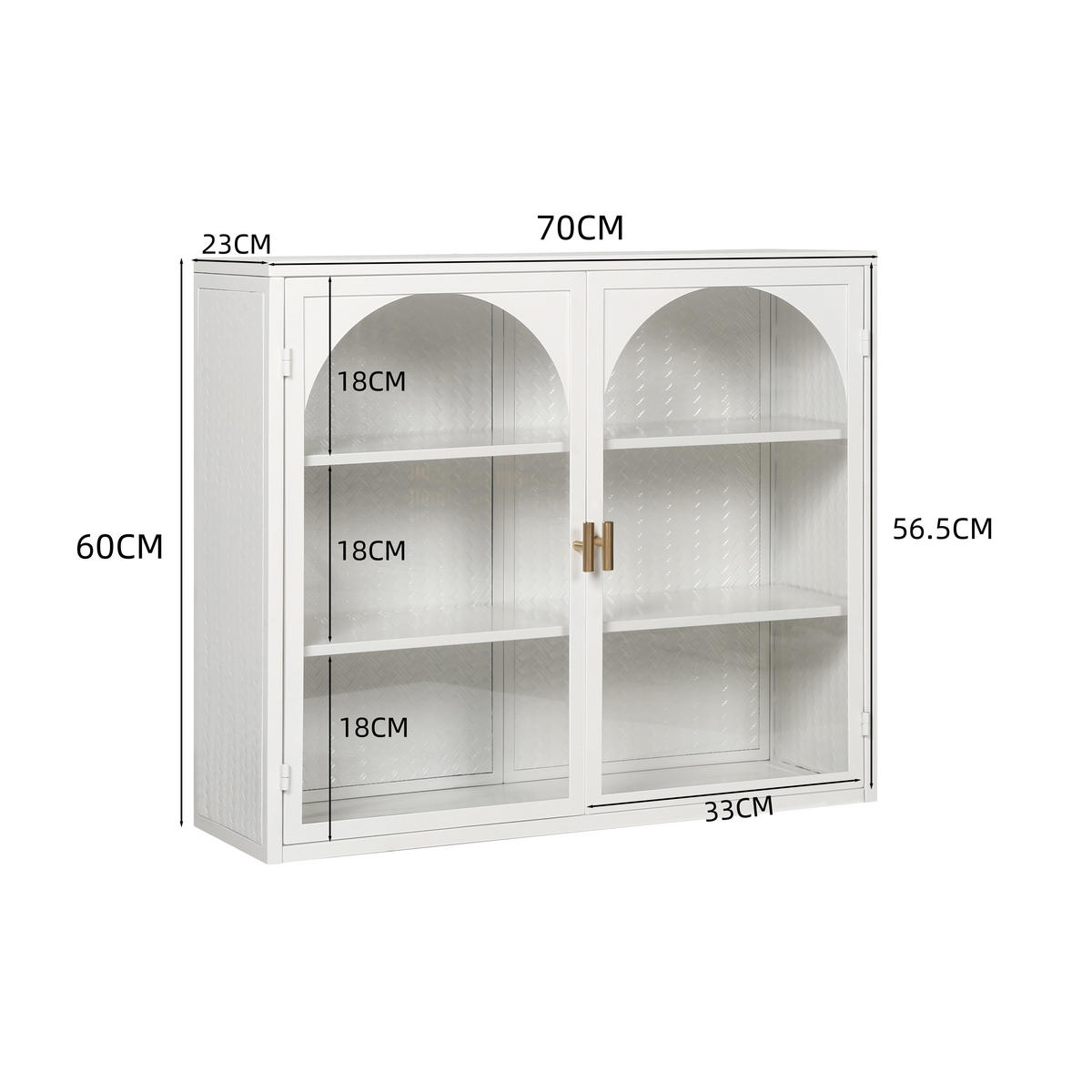 KÜCHENOBERSCHRANK 70x23x60 cm Weiß aus Metall & Sicherheitsglas mit gewebtem Design & 3 Ablagen - Weiß, Glas (70/60/23cm) - Modfu