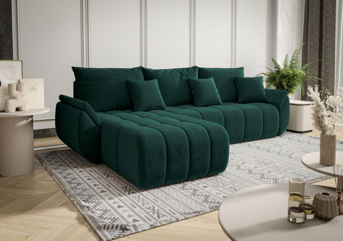 ECKSOFA Romuldi mit Schlaffunktion, Grün Samt, linksseitig - Schwarz/Grün, Kunststoff/Textil (280/185cm) - Selsey
