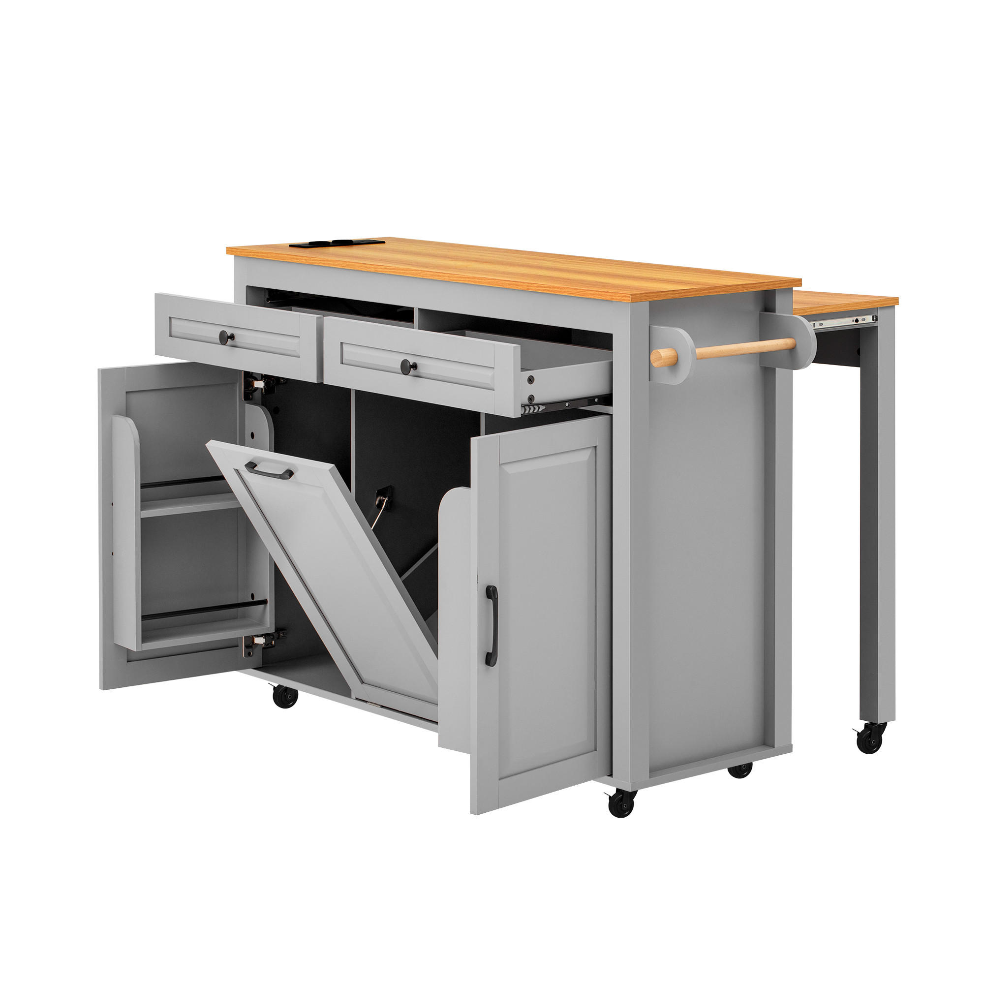 KÜCHENINSEL 120×40–75×92 cm aus MDF mit ausziehbarer Arbeitsplatte & integrierter Ladestation, grau - Grau, Holzwerkstoff (75/92/120cm) - Luhomfu